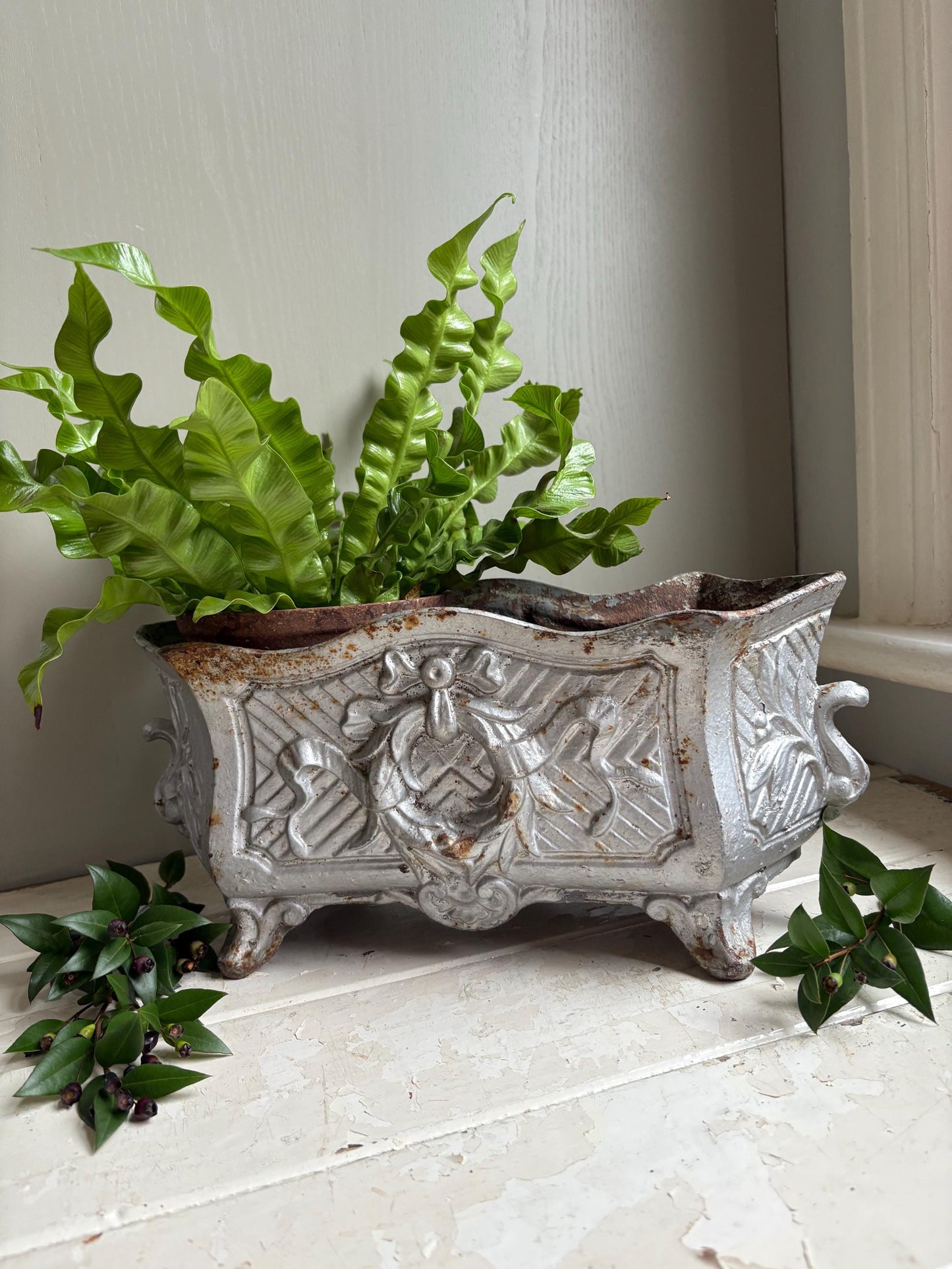 Large Vintage French Cast Iron Jardiniere, Art Nouveau Planter.