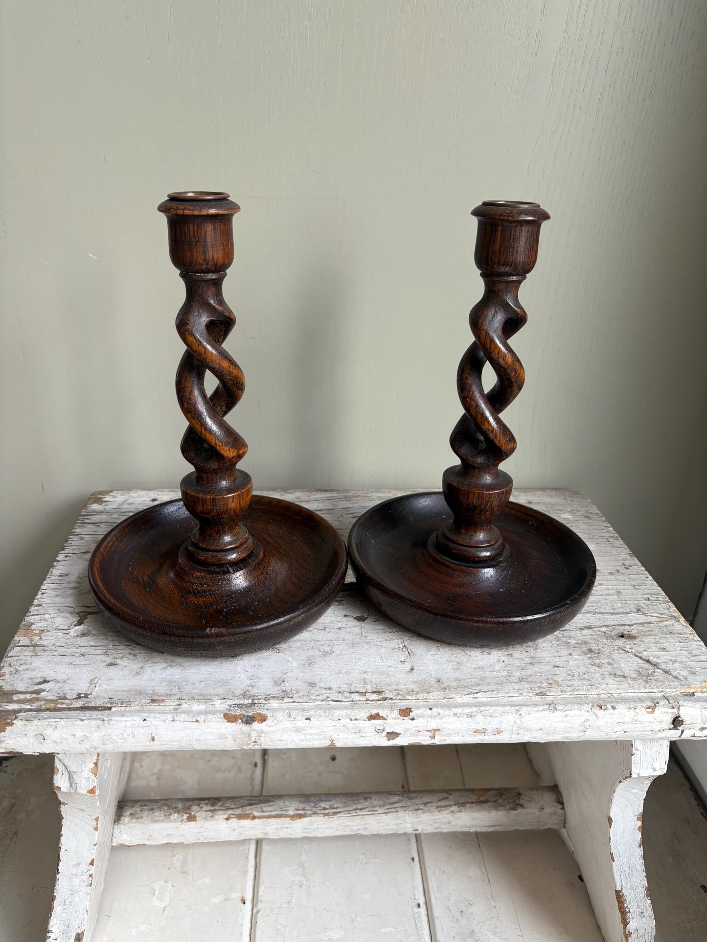 Antique Barley Twist Oak Candlesticks.