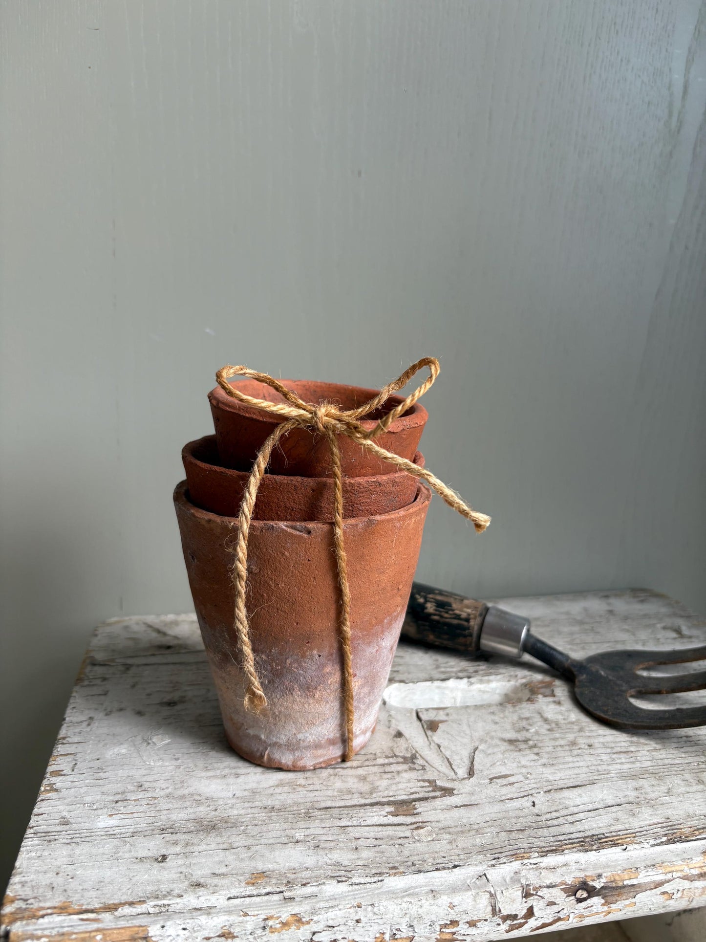 Trio of Three Old Clay Flowerpots, Terracotta Flower Pots.