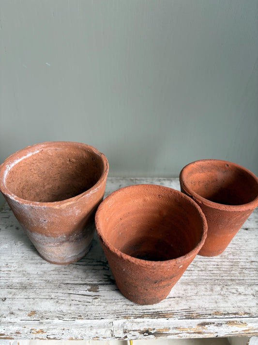 Trio of Three Old Clay Flowerpots, Terracotta Flower Pots.