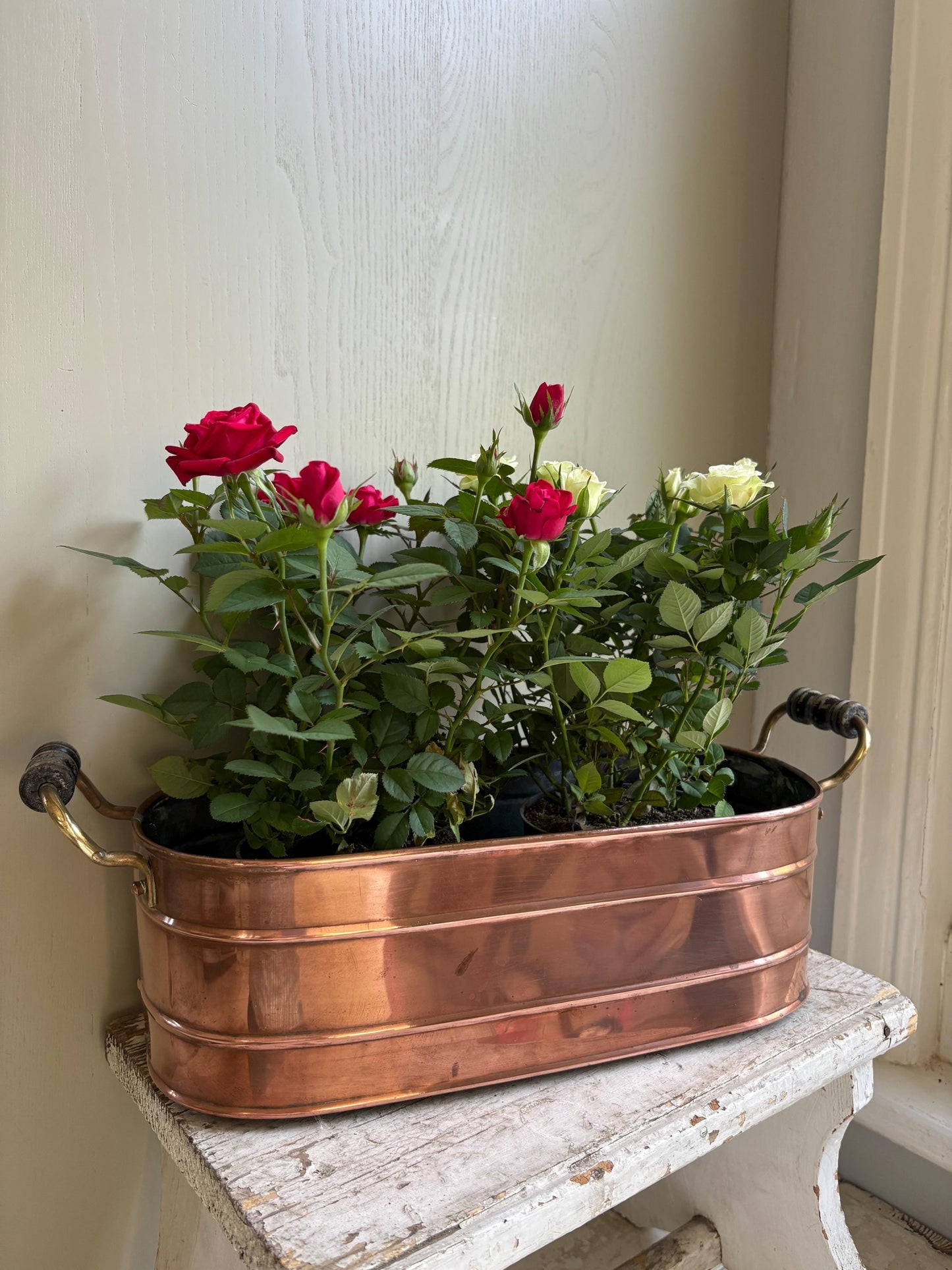 Vintage Copper Windowsill Planter: Handmade Brass & Wood Handles