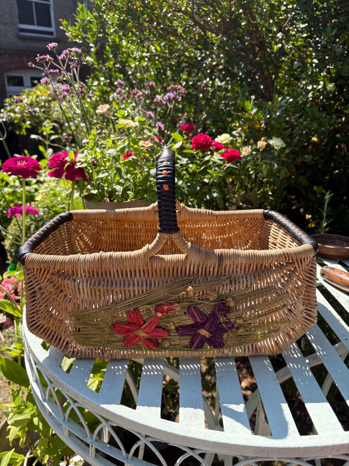 Vintage Wicker Basket with Woven Flowers - 1950s/60s Display Piece