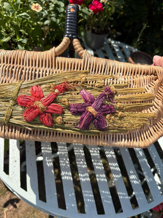 Vintage Wicker Basket with Woven Flowers - 1950s/60s Display Piece