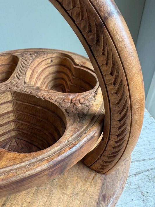 Vintage Collapsible Wooden Basket: Carved Heart Compartments