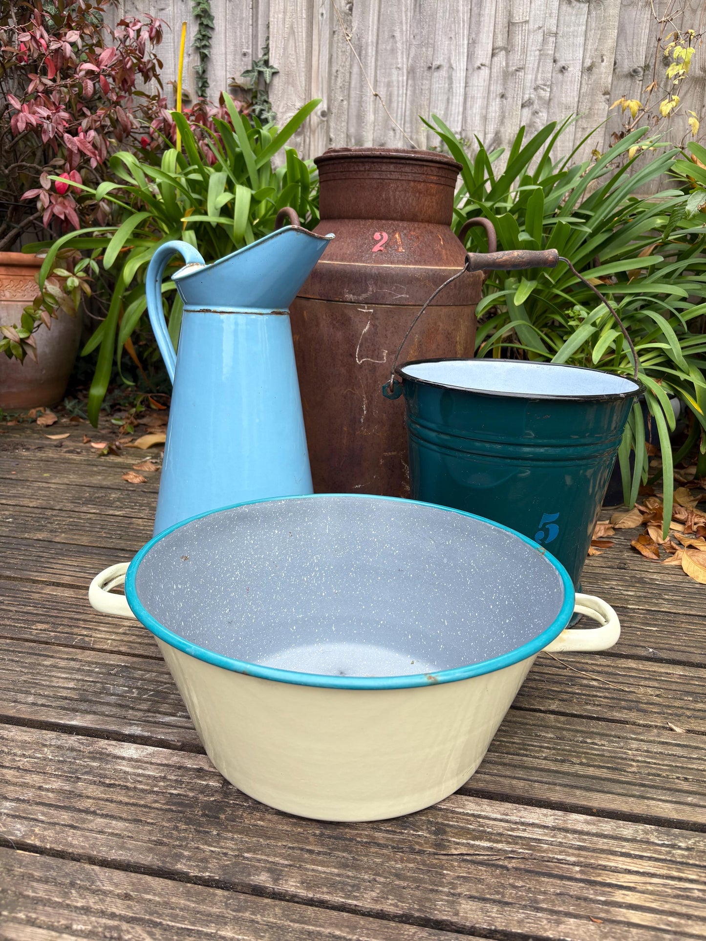 Large Two Handled Enamelware Bowl, Planter