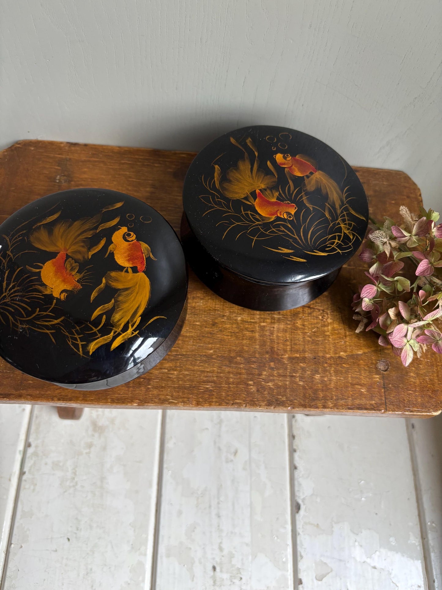 Vintage Black Lacquerware Trinket Boxes: Goldfish Design, Pair