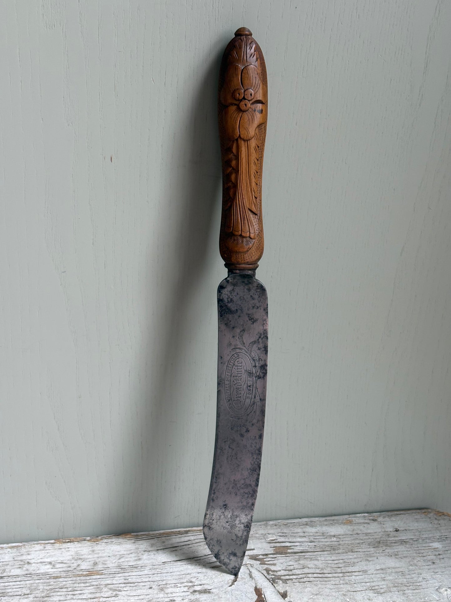 Antique 19th Century Carved Treen Handle, English Bread Knife, Sheffield Steel.