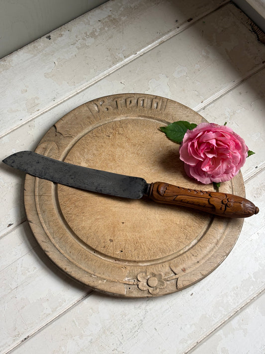 Antique 19th Century Carved Treen Handle, English Bread Knife, Sheffield Steel.