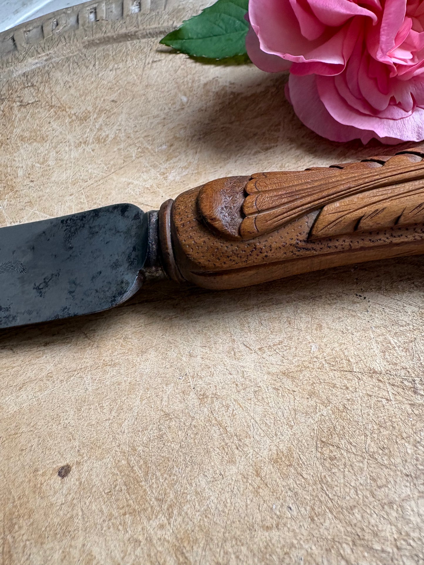 Antique 19th Century Carved Treen Handle, English Bread Knife, Sheffield Steel.