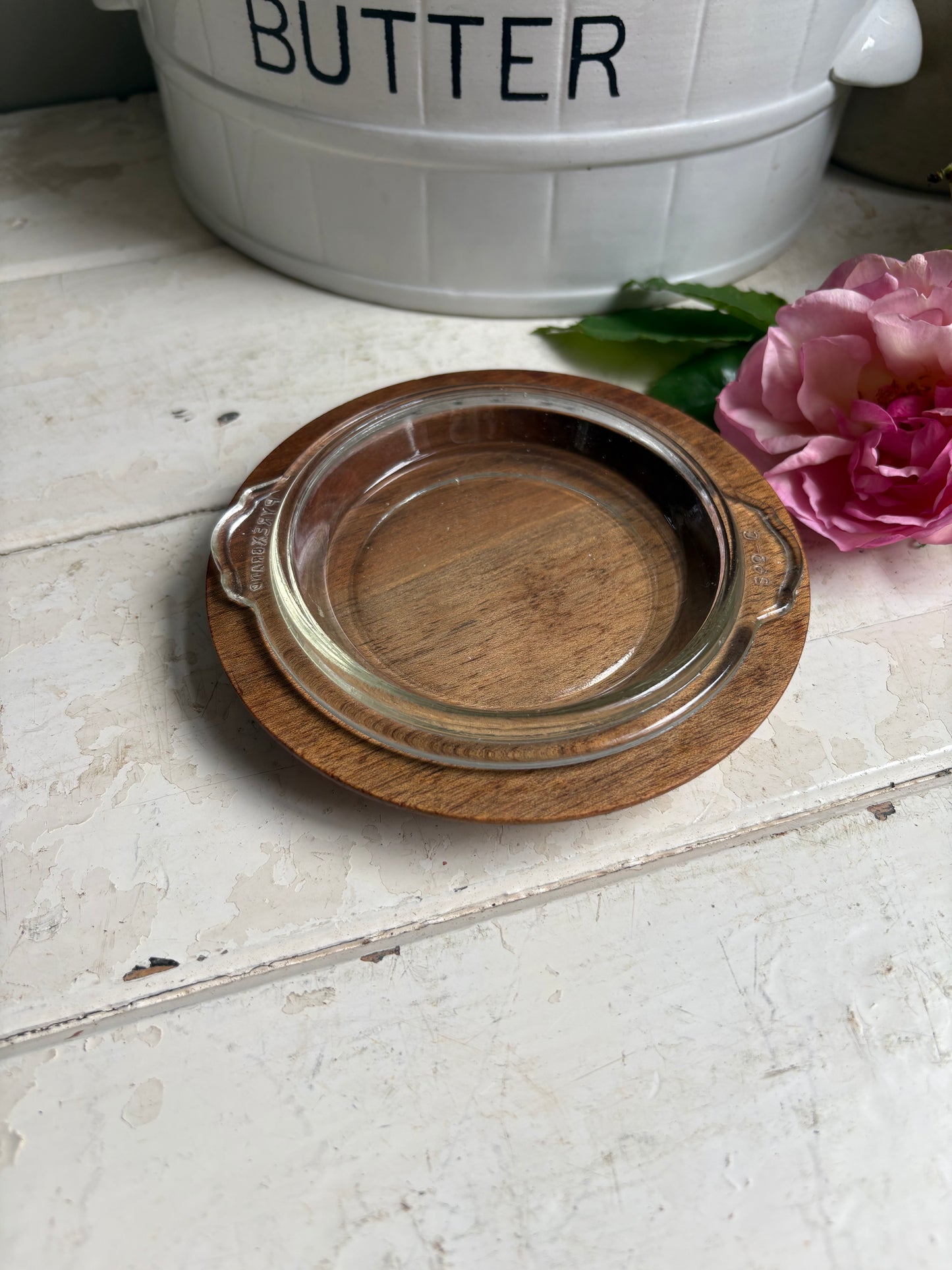 English Wooden Butter Dish with Pyrex Glass Insert.