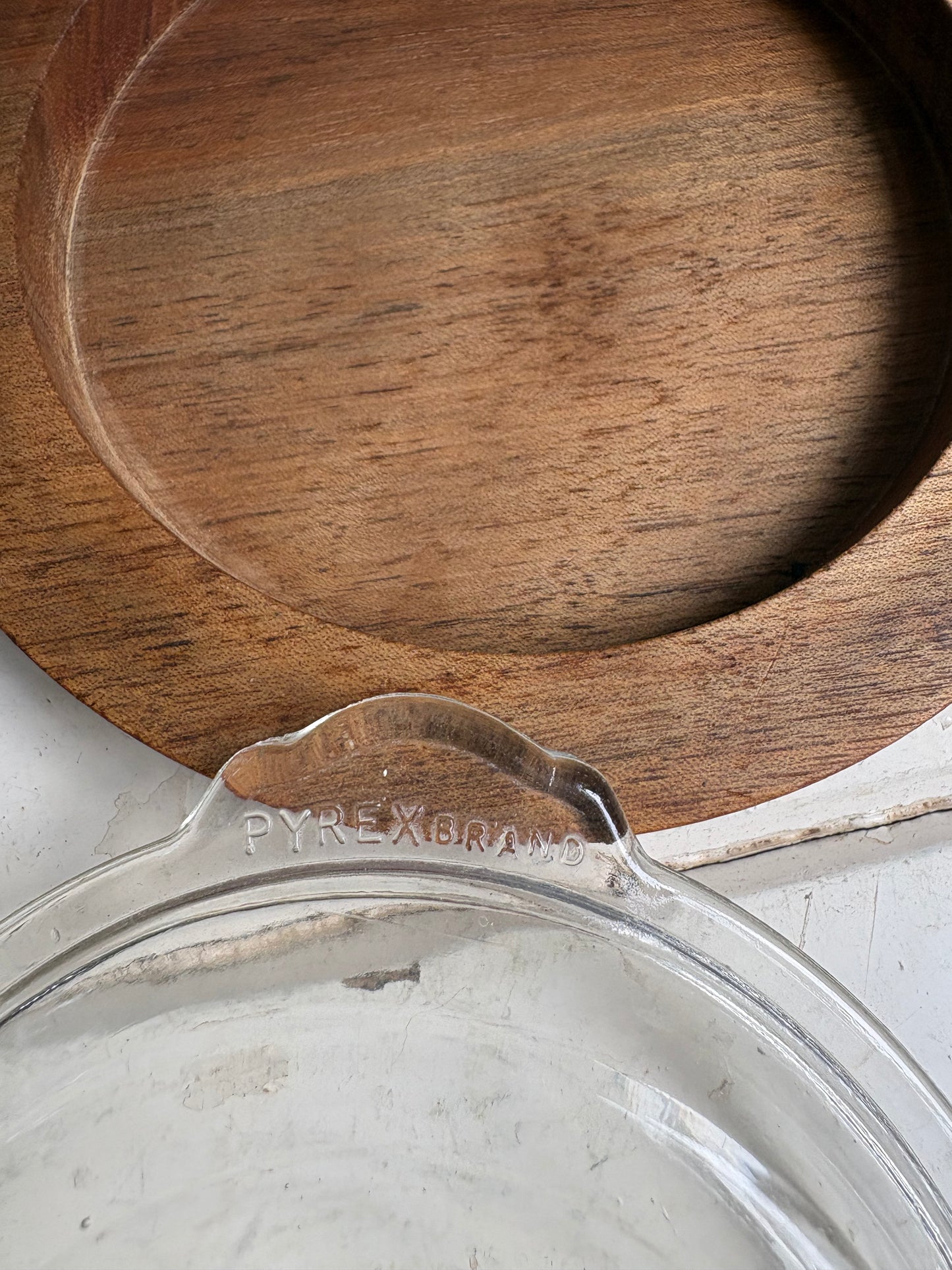 English Wooden Butter Dish with Pyrex Glass Insert.