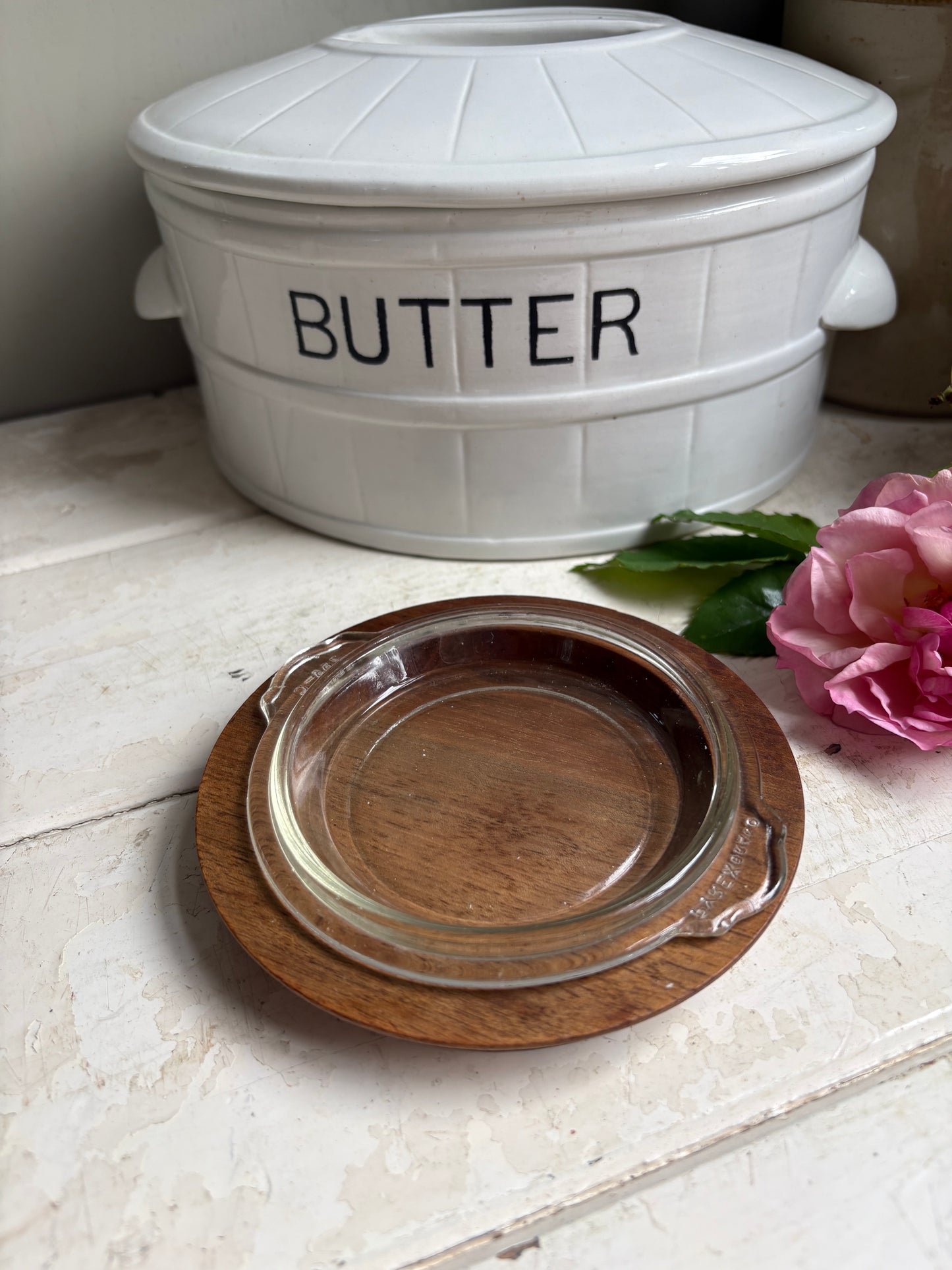 English Wooden Butter Dish with Pyrex Glass Insert.