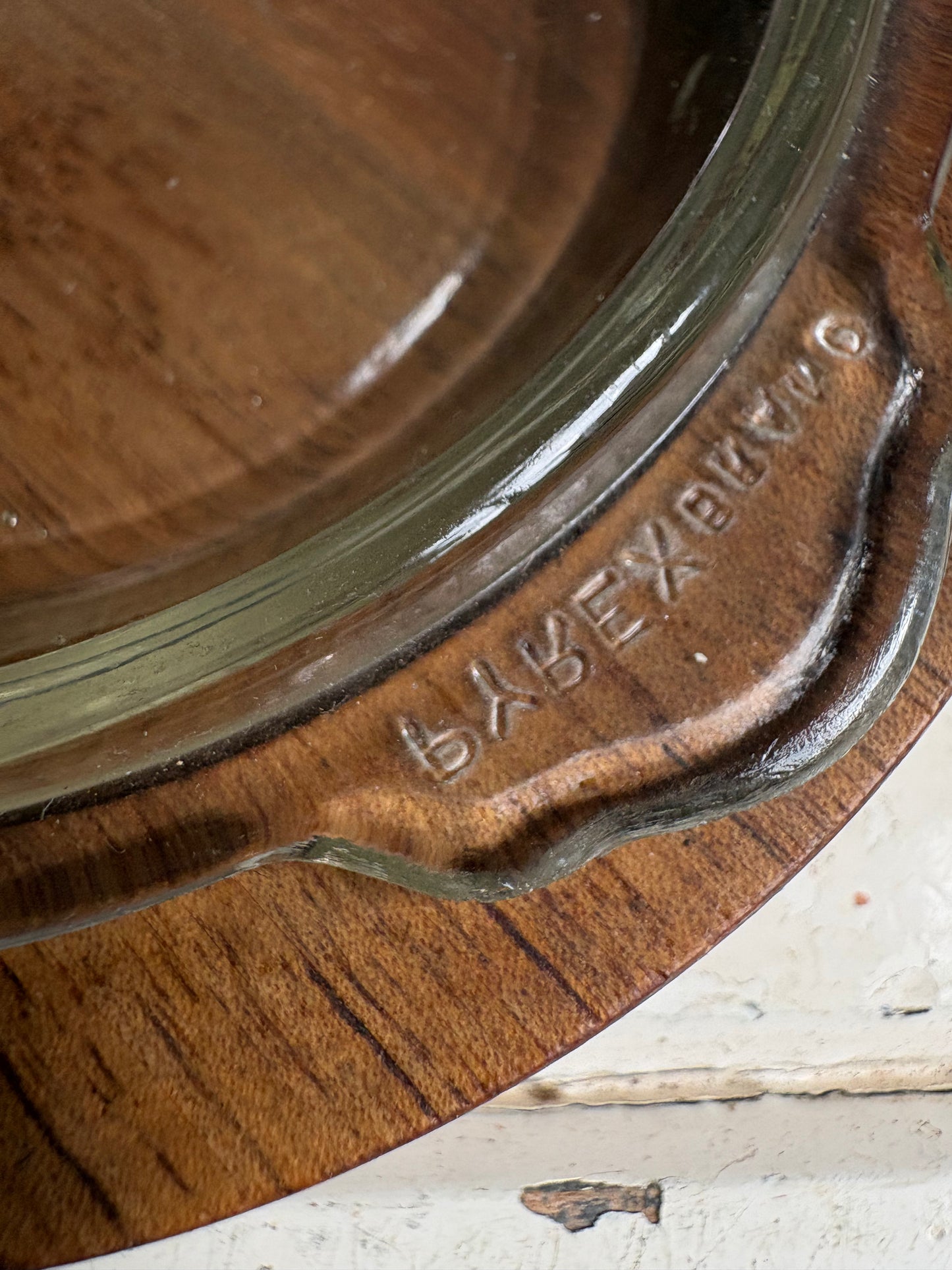 English Wooden Butter Dish with Pyrex Glass Insert.