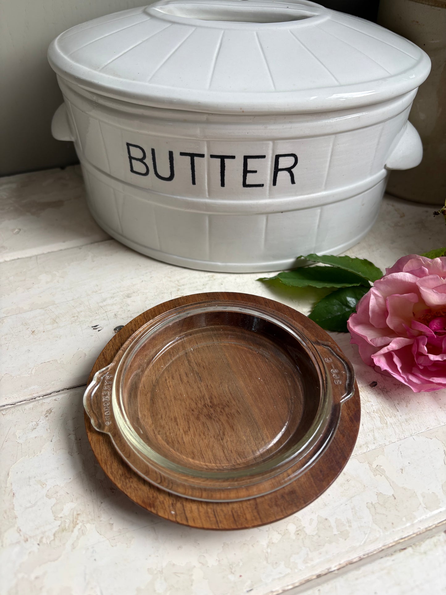 English Wooden Butter Dish with Pyrex Glass Insert.