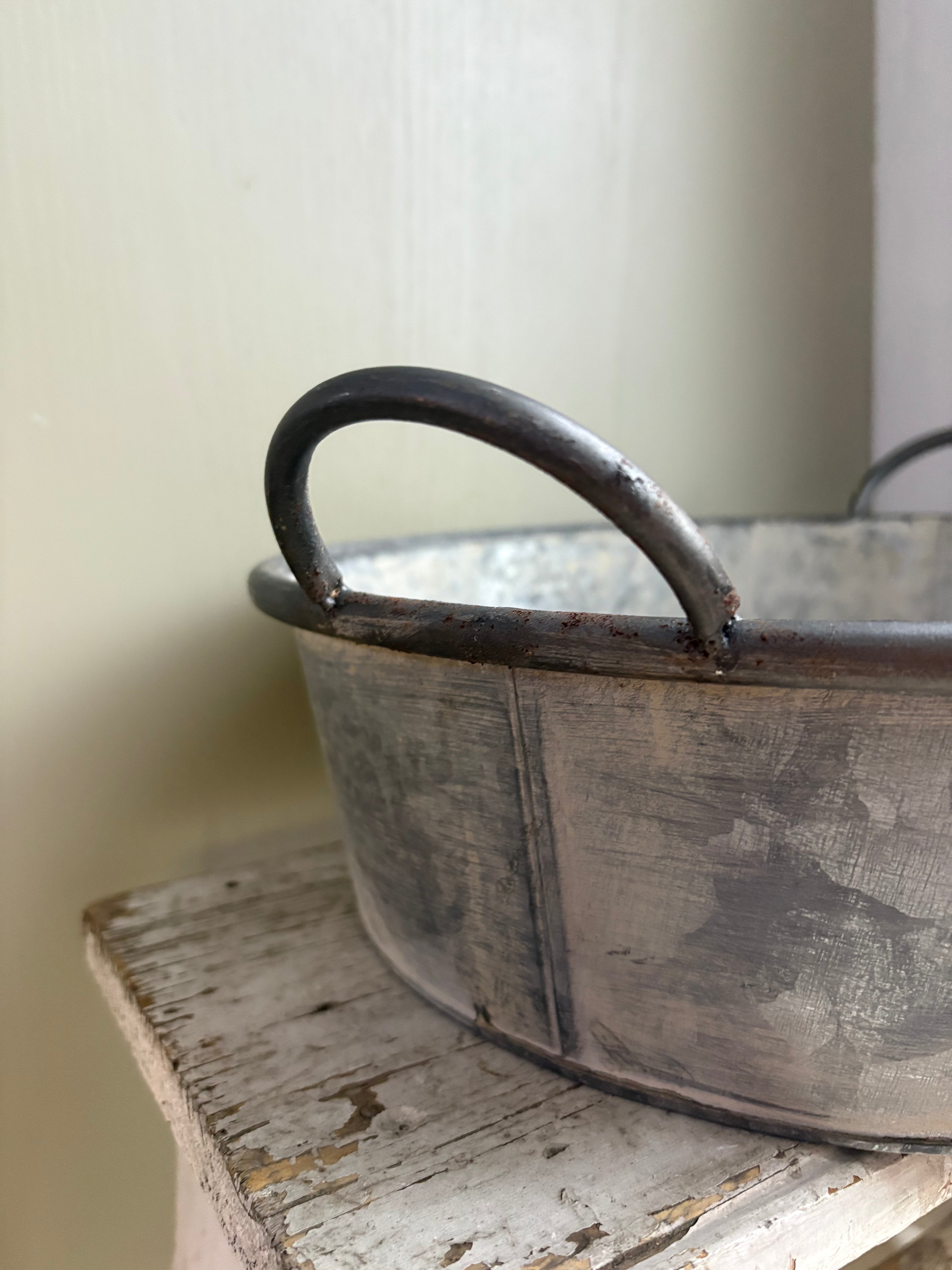 Large Vintage Style Round Zinc Bowl Planter with Handles