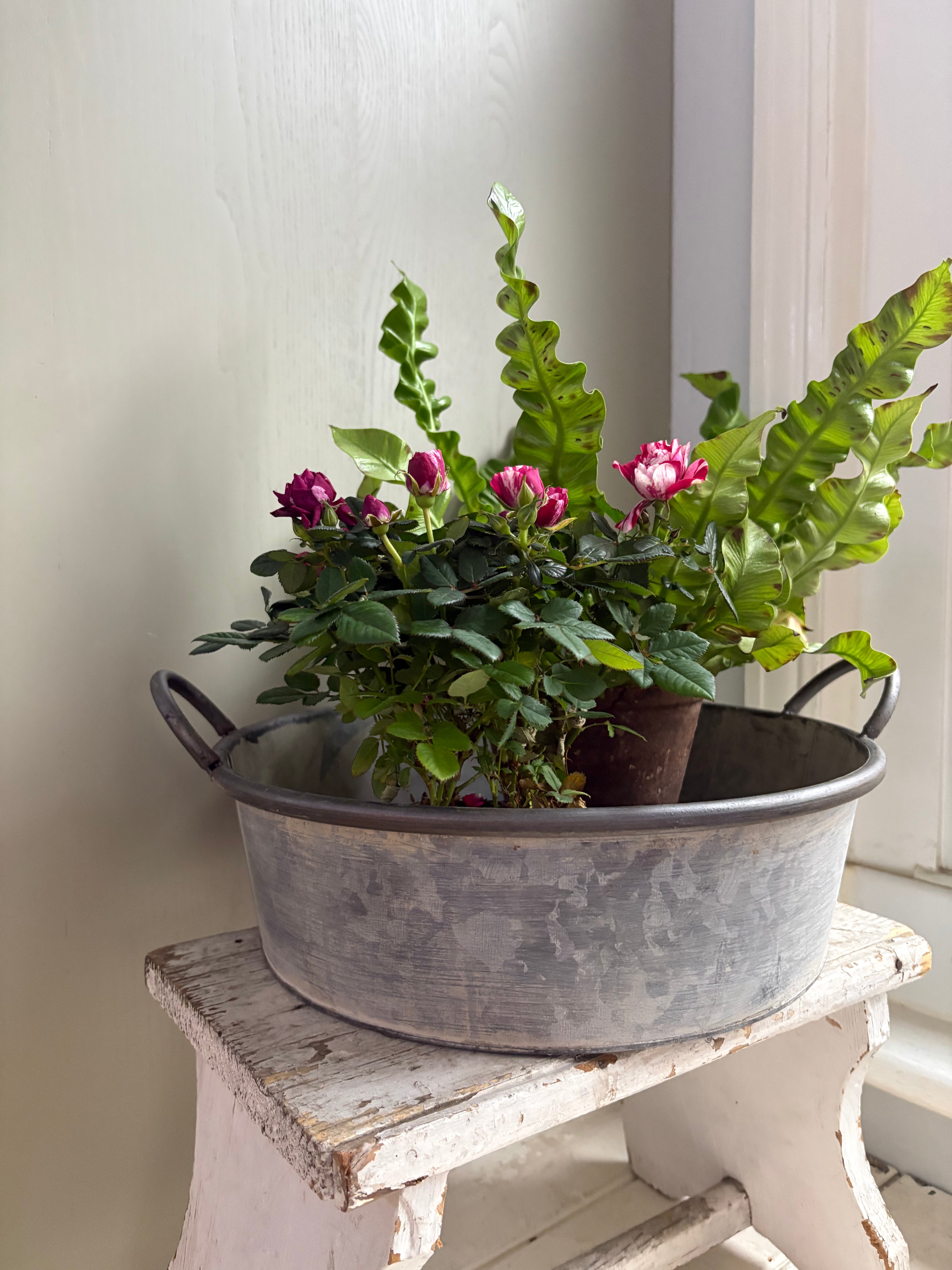 Large Vintage Style Round Zinc Bowl Planter with Handles