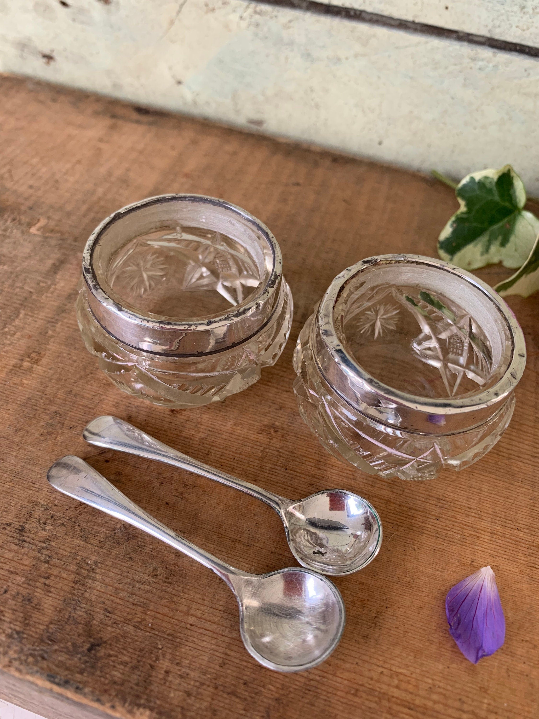 Pair of rimmed vintage glass salts