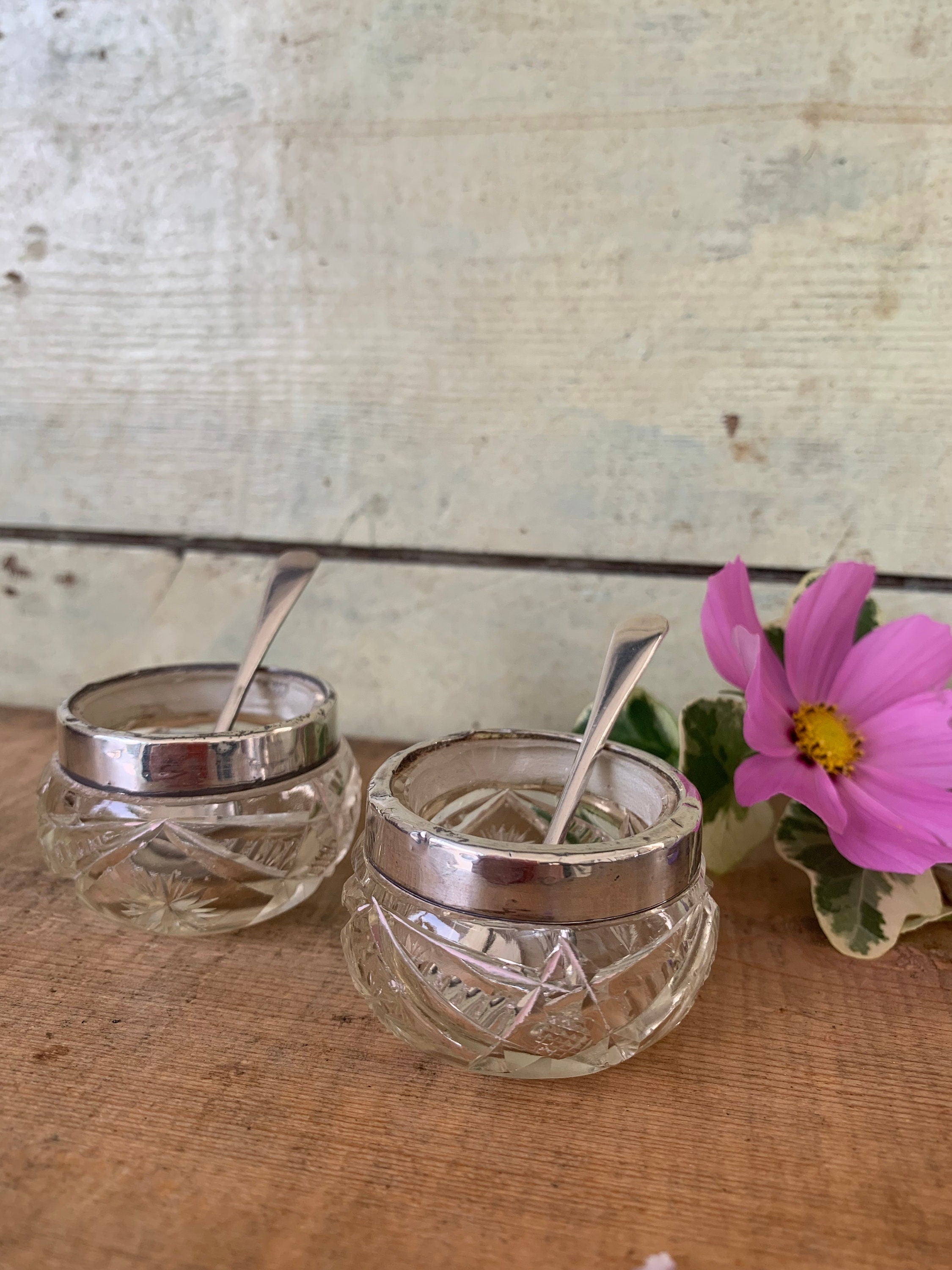 Pair of rimmed vintage glass salts