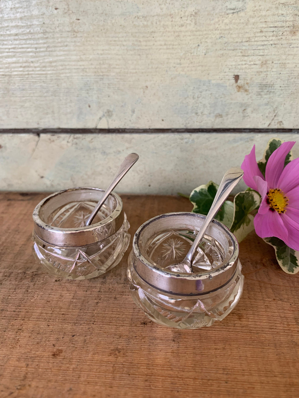 Pair of rimmed vintage glass salts