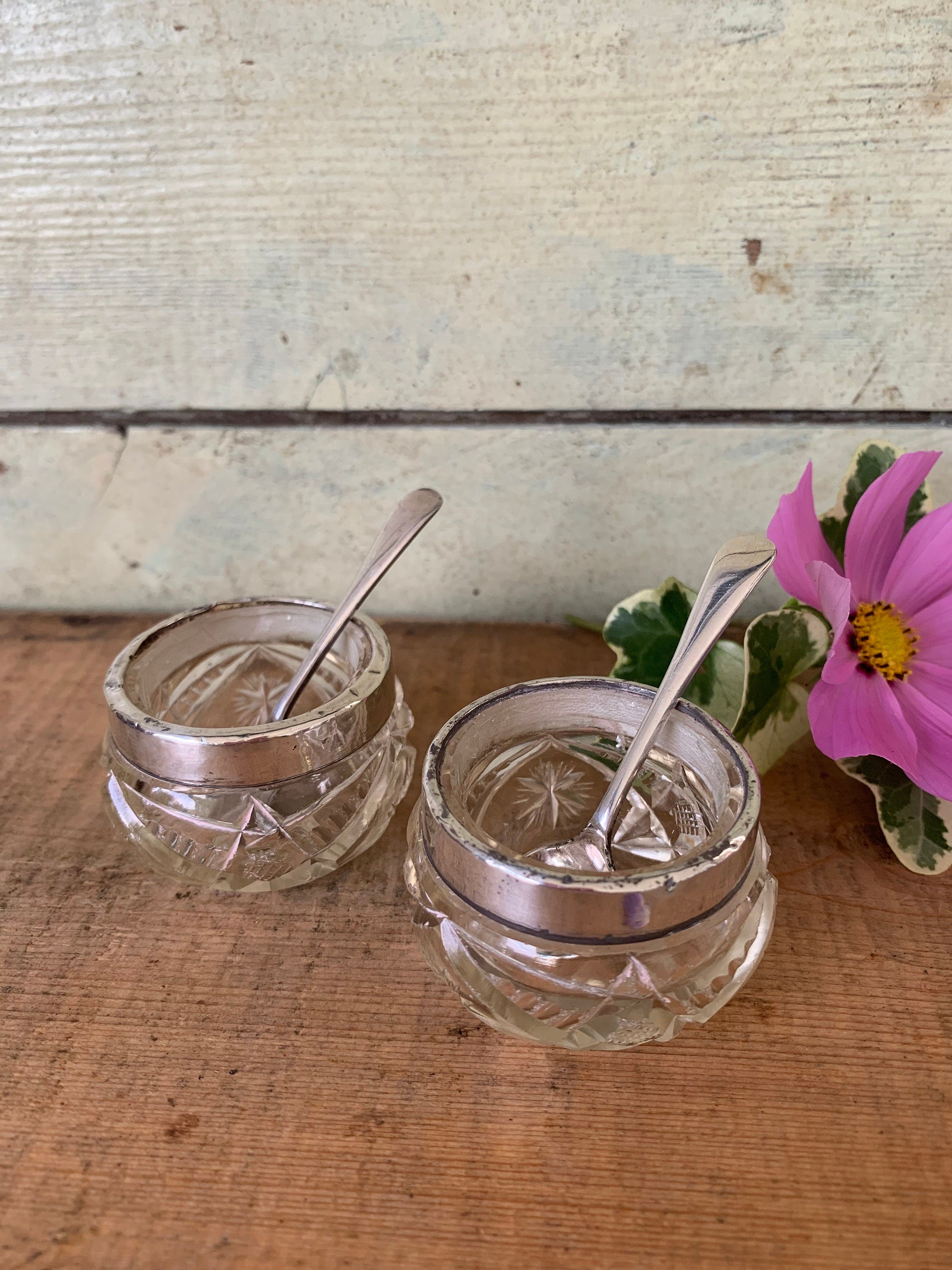 Pair of rimmed vintage glass salts