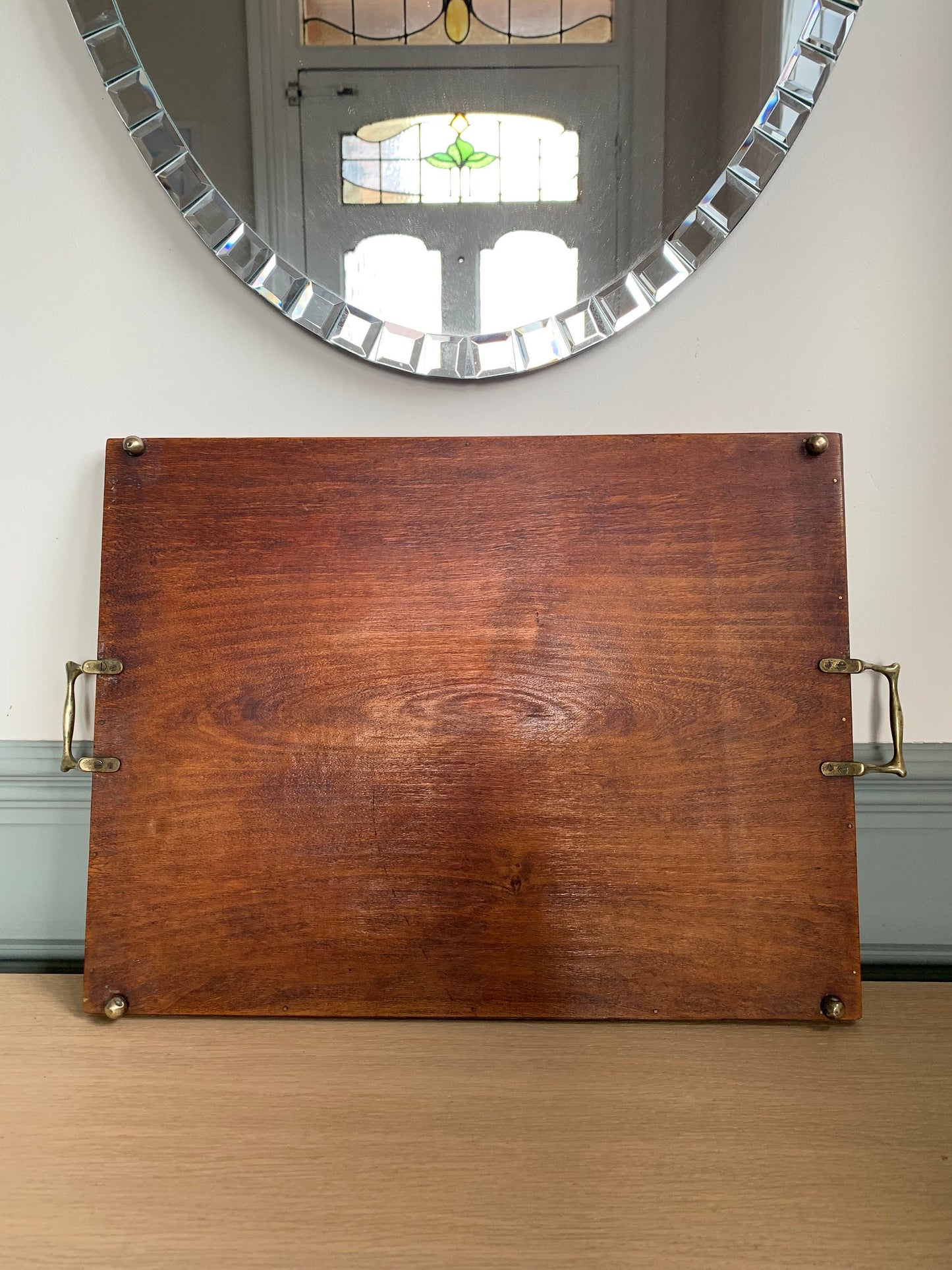 Beautiful vintage tray with tapestry underneath glass