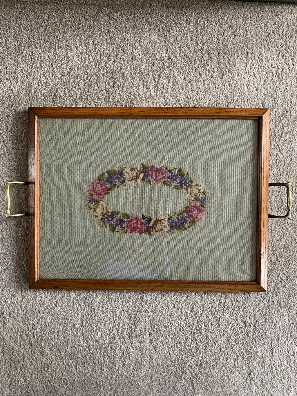 Beautiful vintage tray with tapestry underneath glass