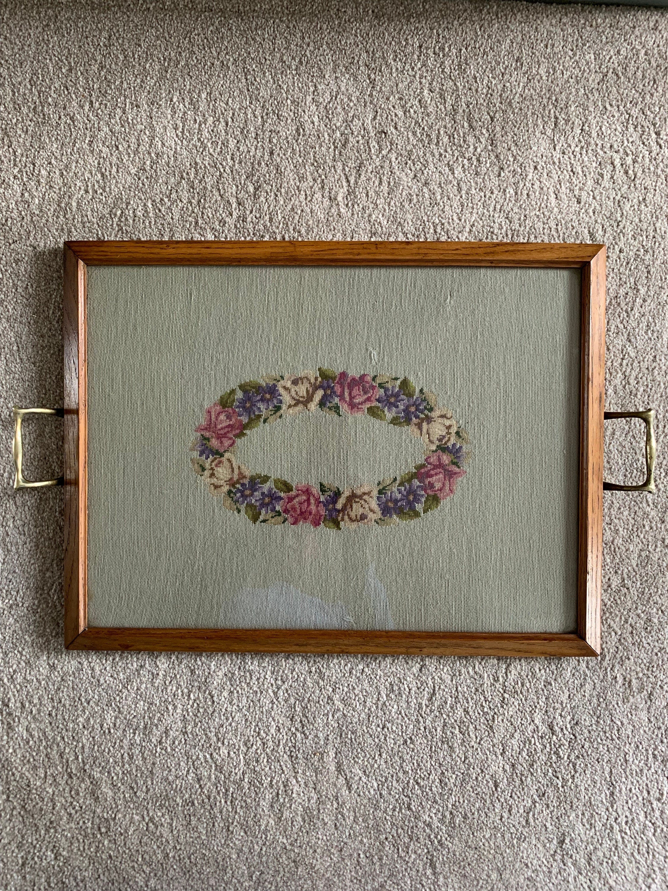 Beautiful vintage tray with tapestry underneath glass