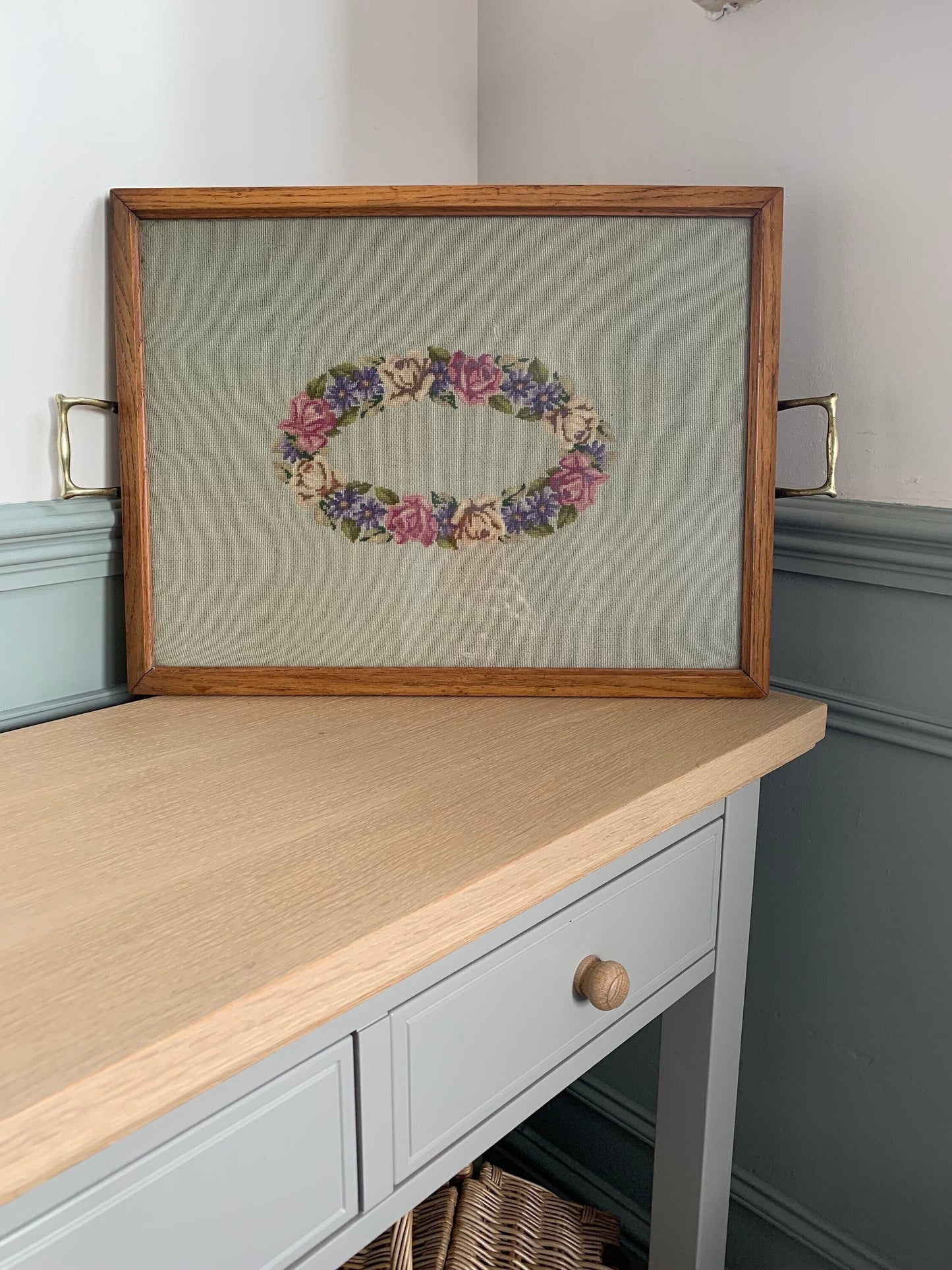 Beautiful vintage tray with tapestry underneath glass
