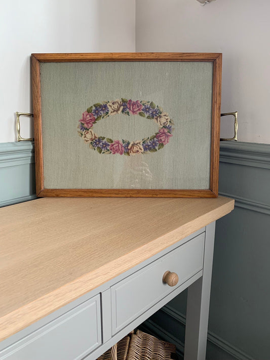 Beautiful vintage tray with tapestry underneath glass