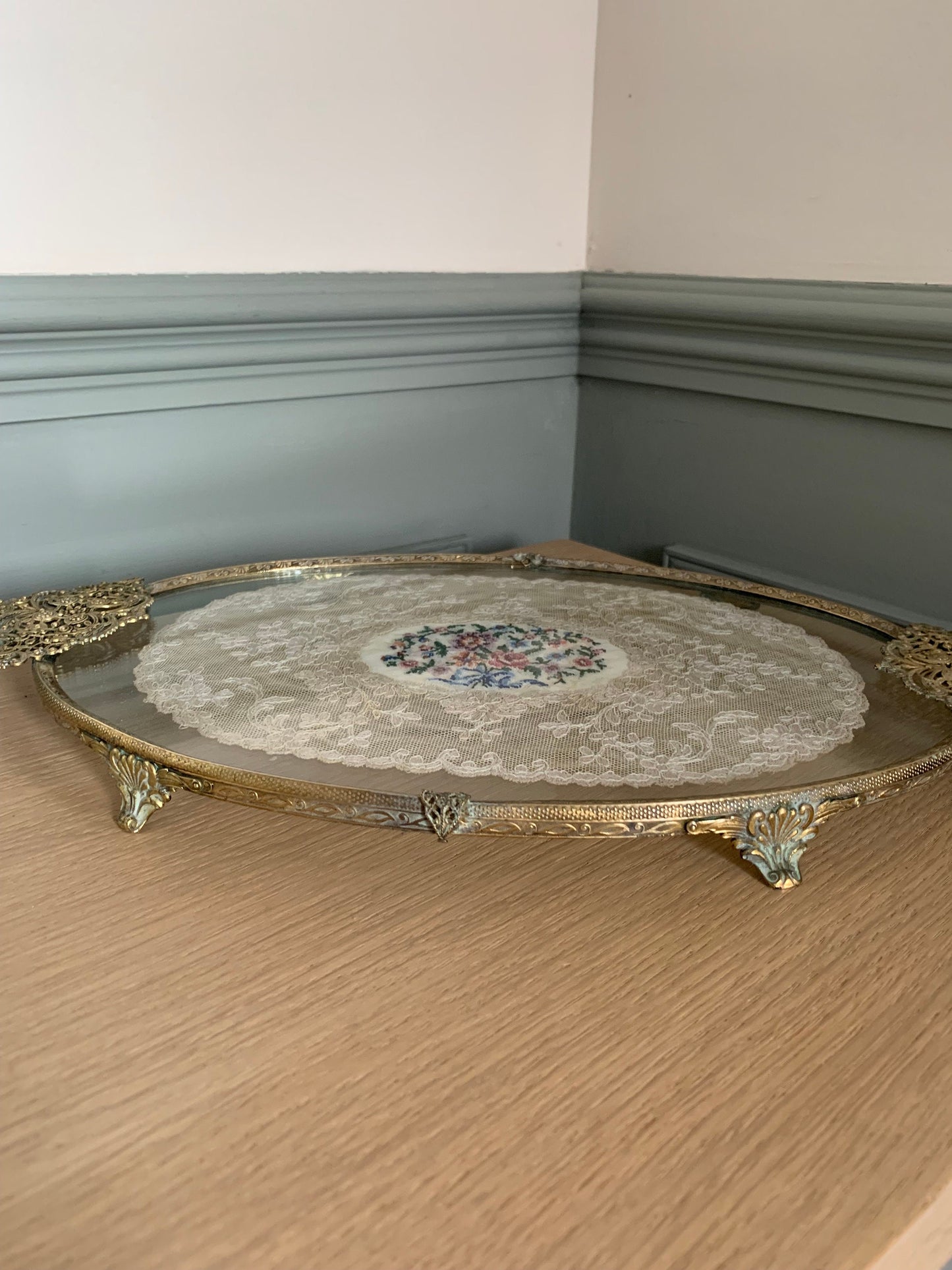 Glass vintage cosmetic tray, vanity tray