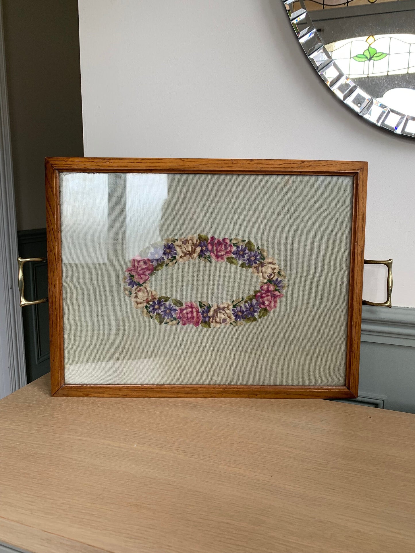 Beautiful vintage tray with tapestry underneath glass