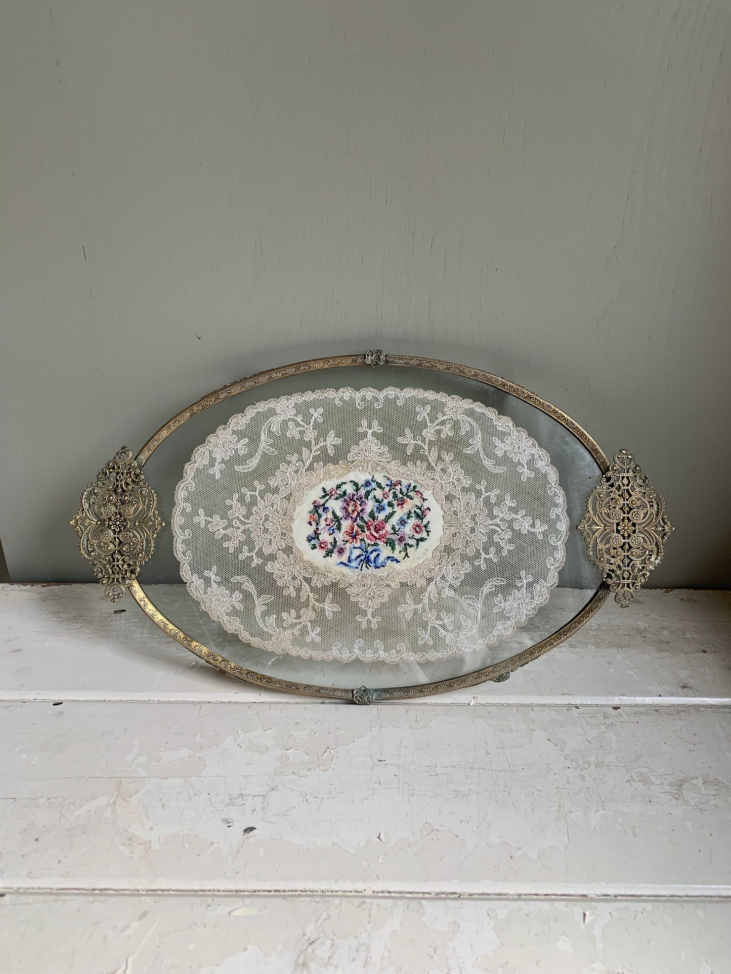 Glass vintage cosmetic tray, vanity tray