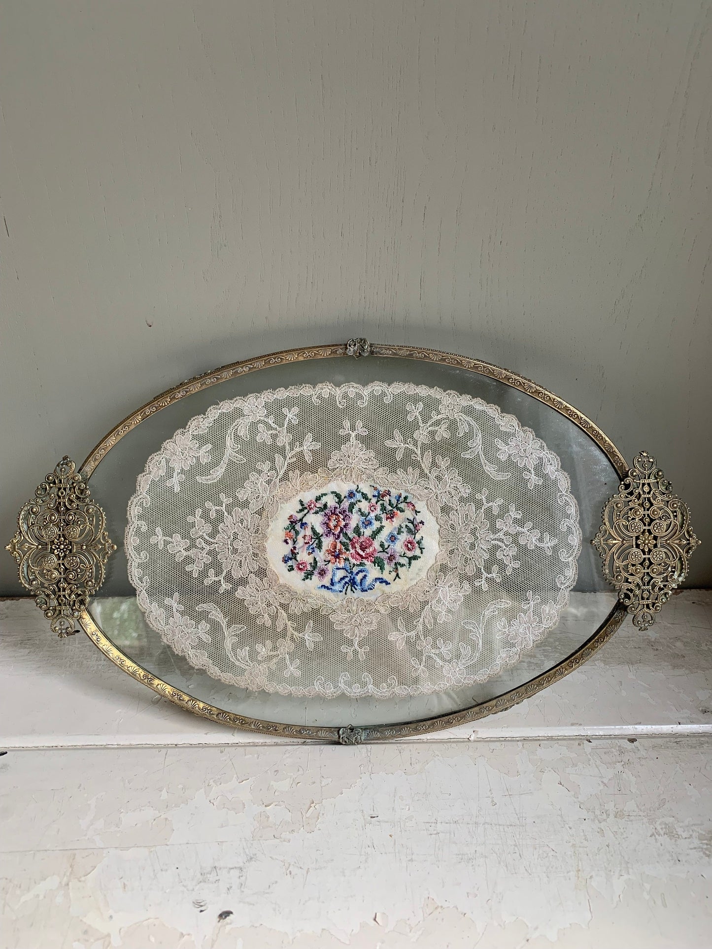 Glass vintage cosmetic tray, vanity tray