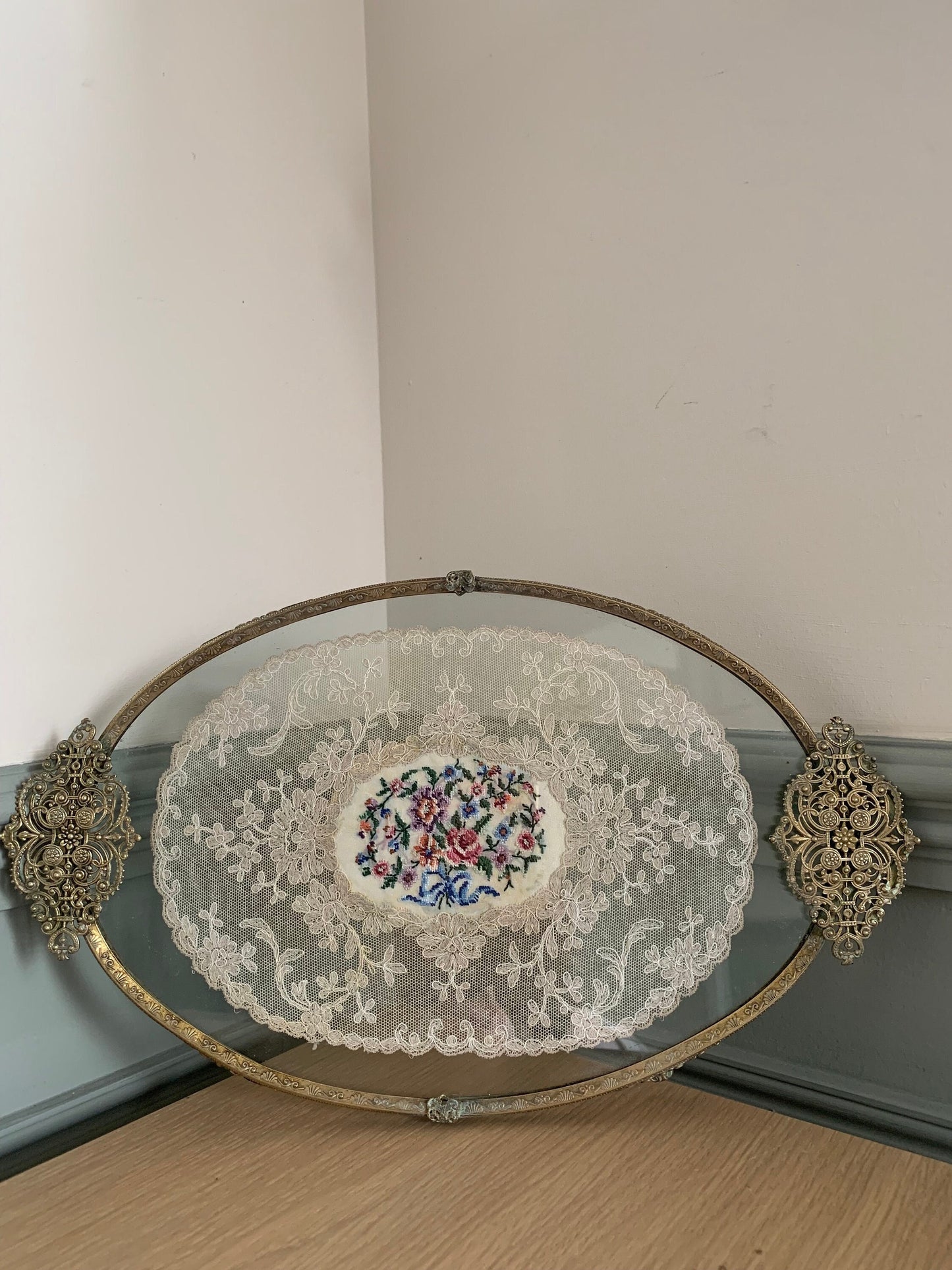 Glass vintage cosmetic tray, vanity tray