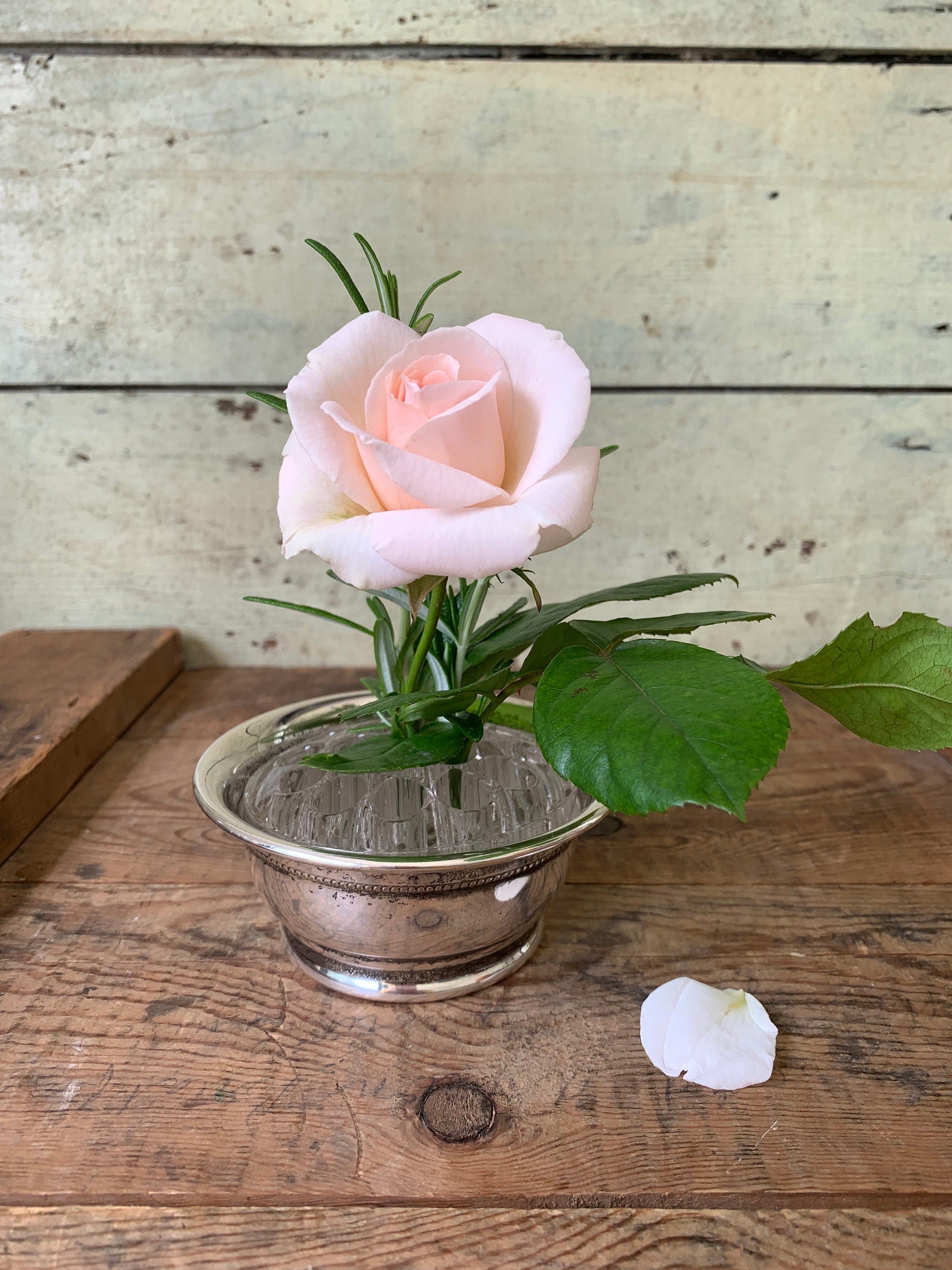 Silverplate Rose Bowl with Glass Flowerfrog