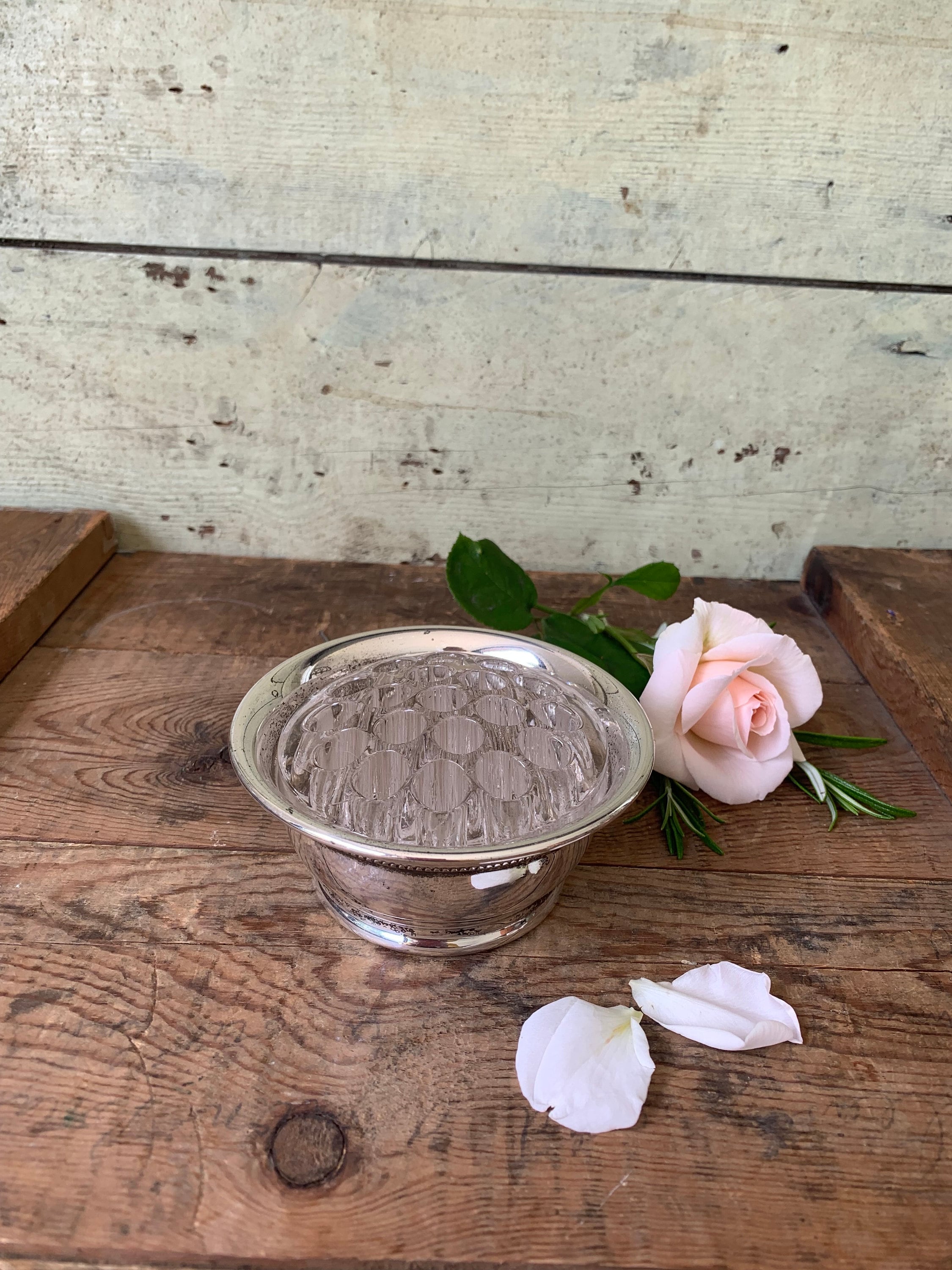 Silverplate Rose Bowl with Glass Flowerfrog