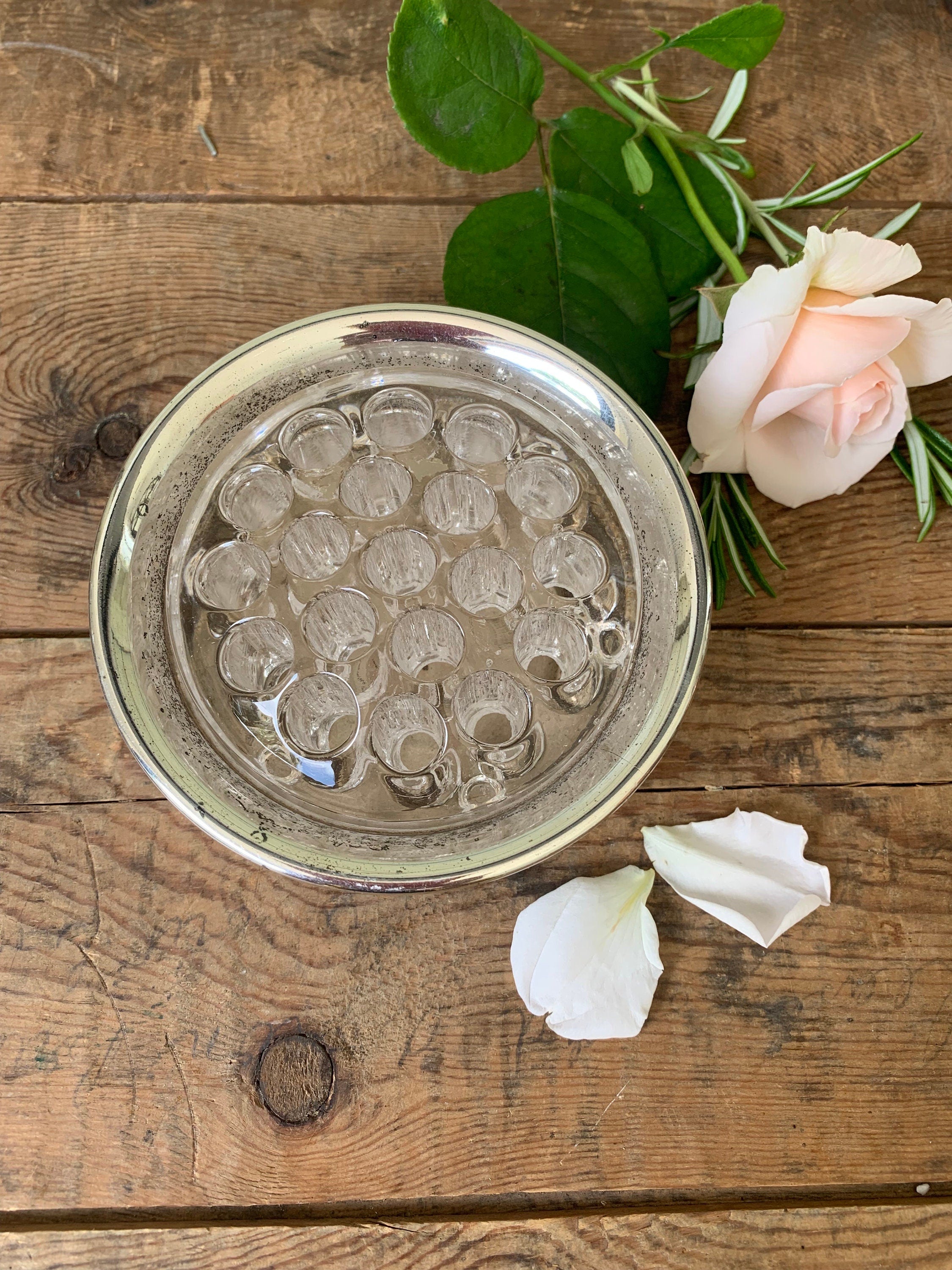 Silverplate Rose Bowl with Glass Flowerfrog
