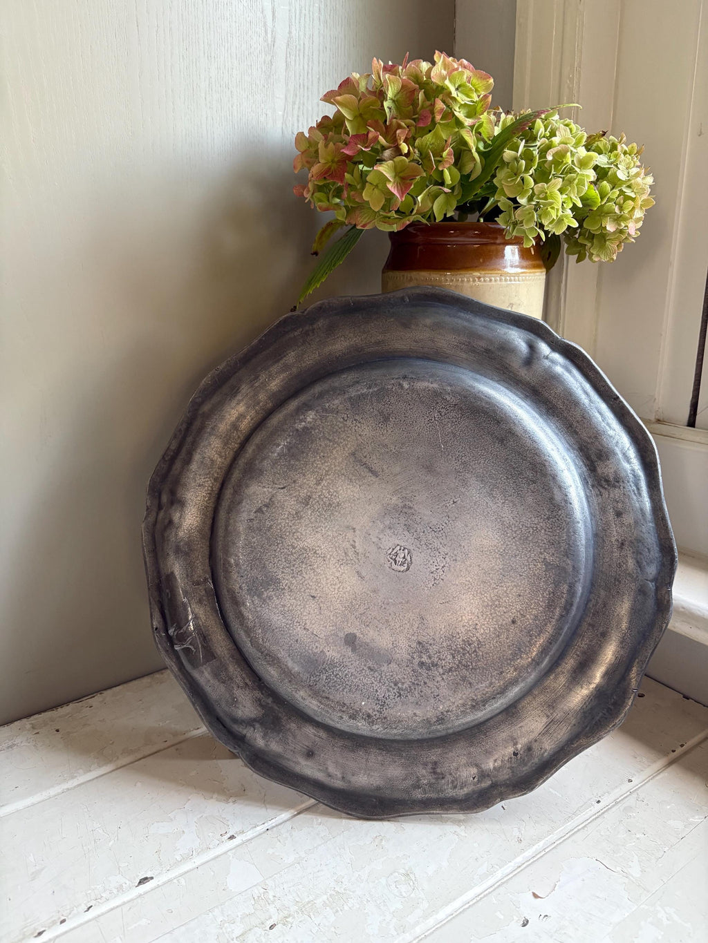 Large Antique Continental Pewter Charger, Large Pewter plate, Pewter Platter