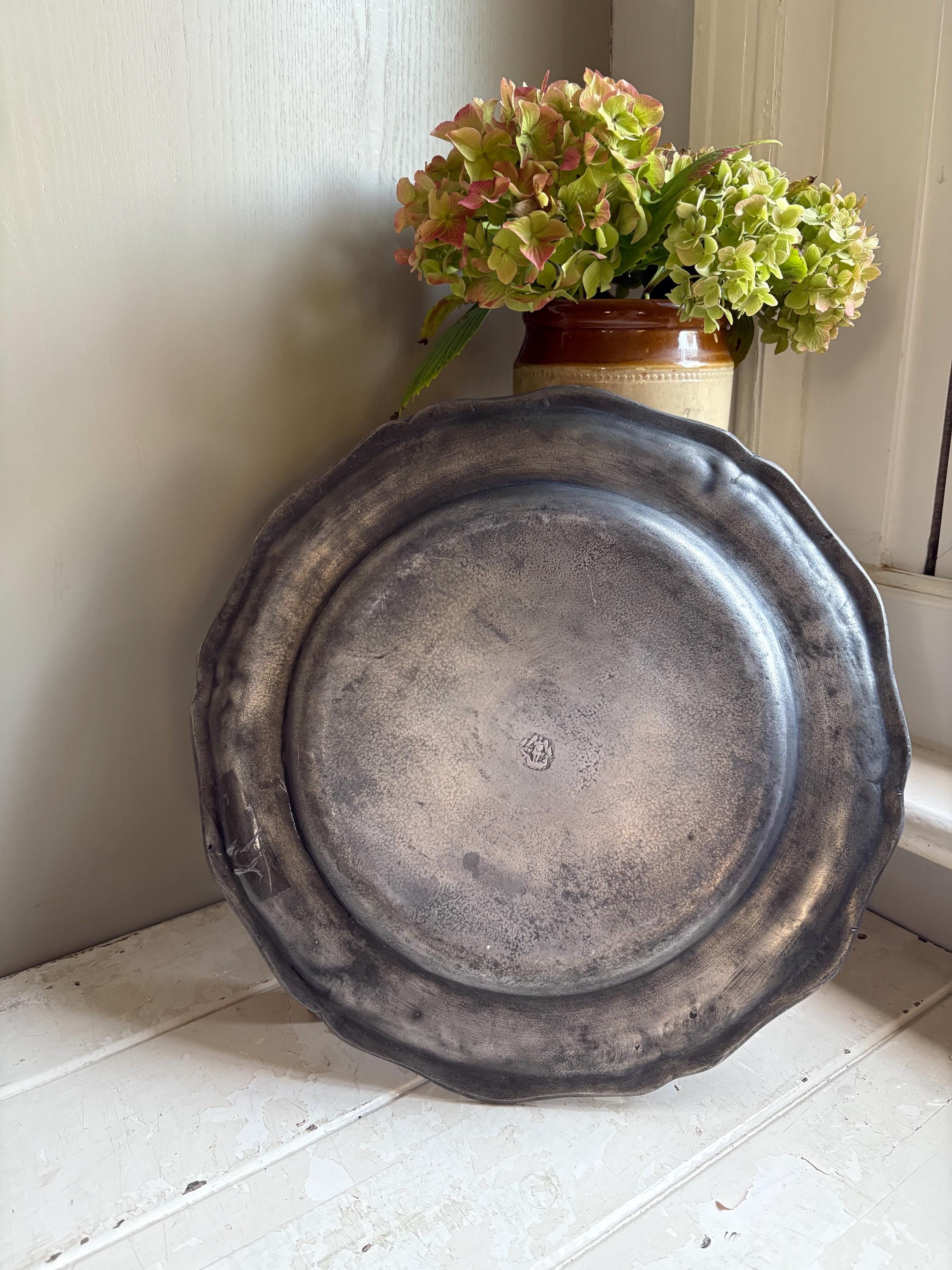 Large Antique Continental Pewter Charger, Large Pewter plate, Pewter Platter