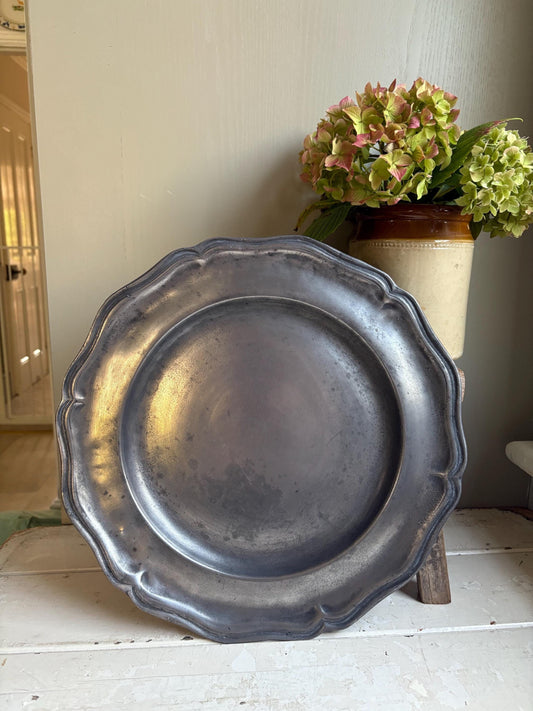Large Antique Continental Pewter Charger, Large Pewter plate, Pewter Platter