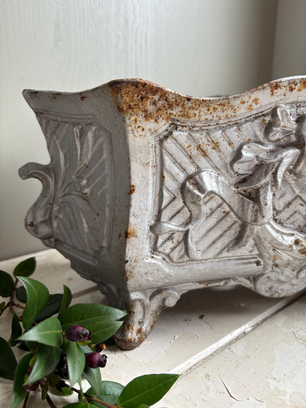 Large Vintage French Cast Iron Jardiniere, Art Nouveau Planter.