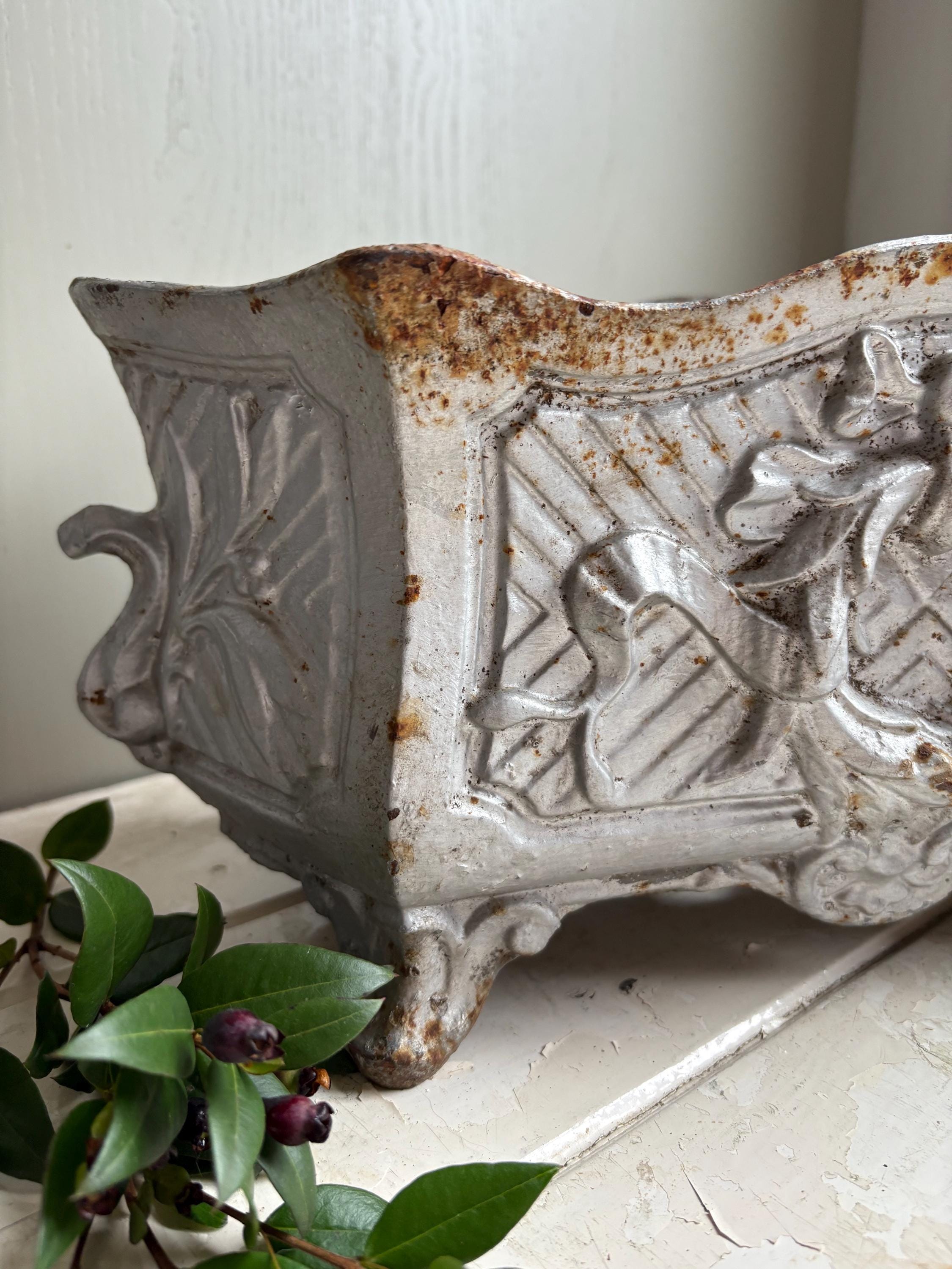 Large Vintage French Cast Iron Jardiniere, Art Nouveau Planter.