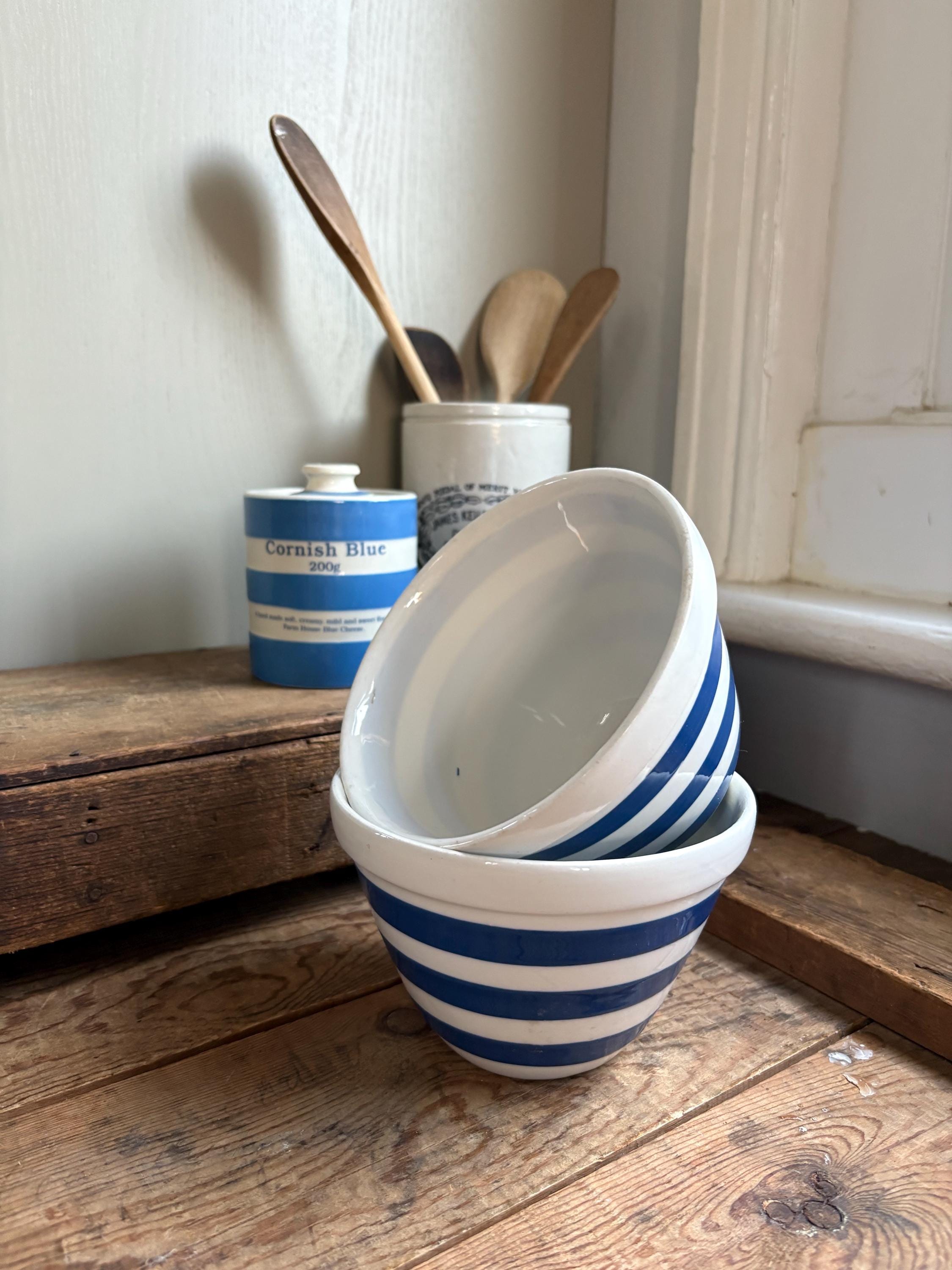 PAIR of Vintage Blue and White Striped Bowls