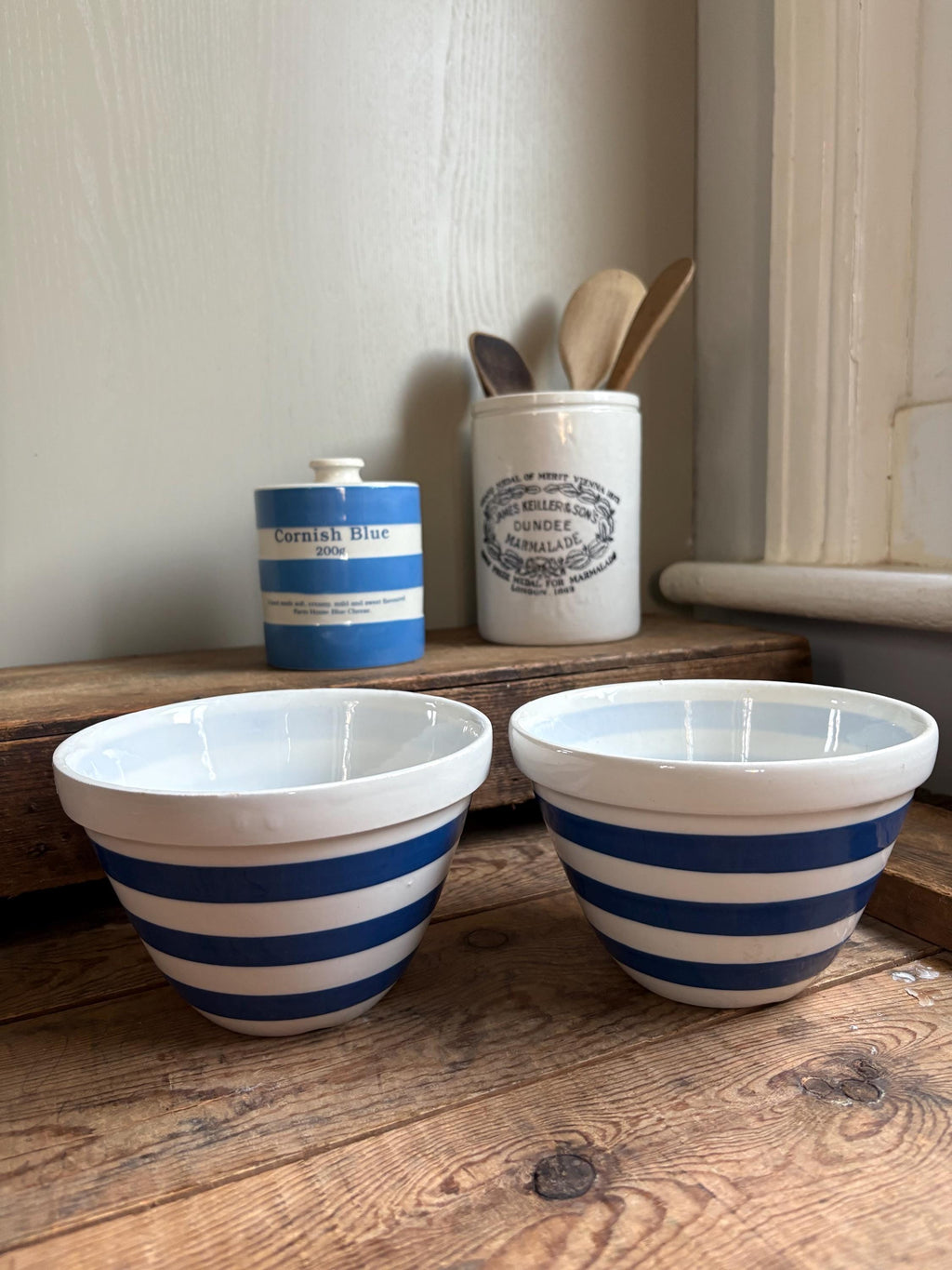 PAIR of Vintage Blue and White Striped Bowls