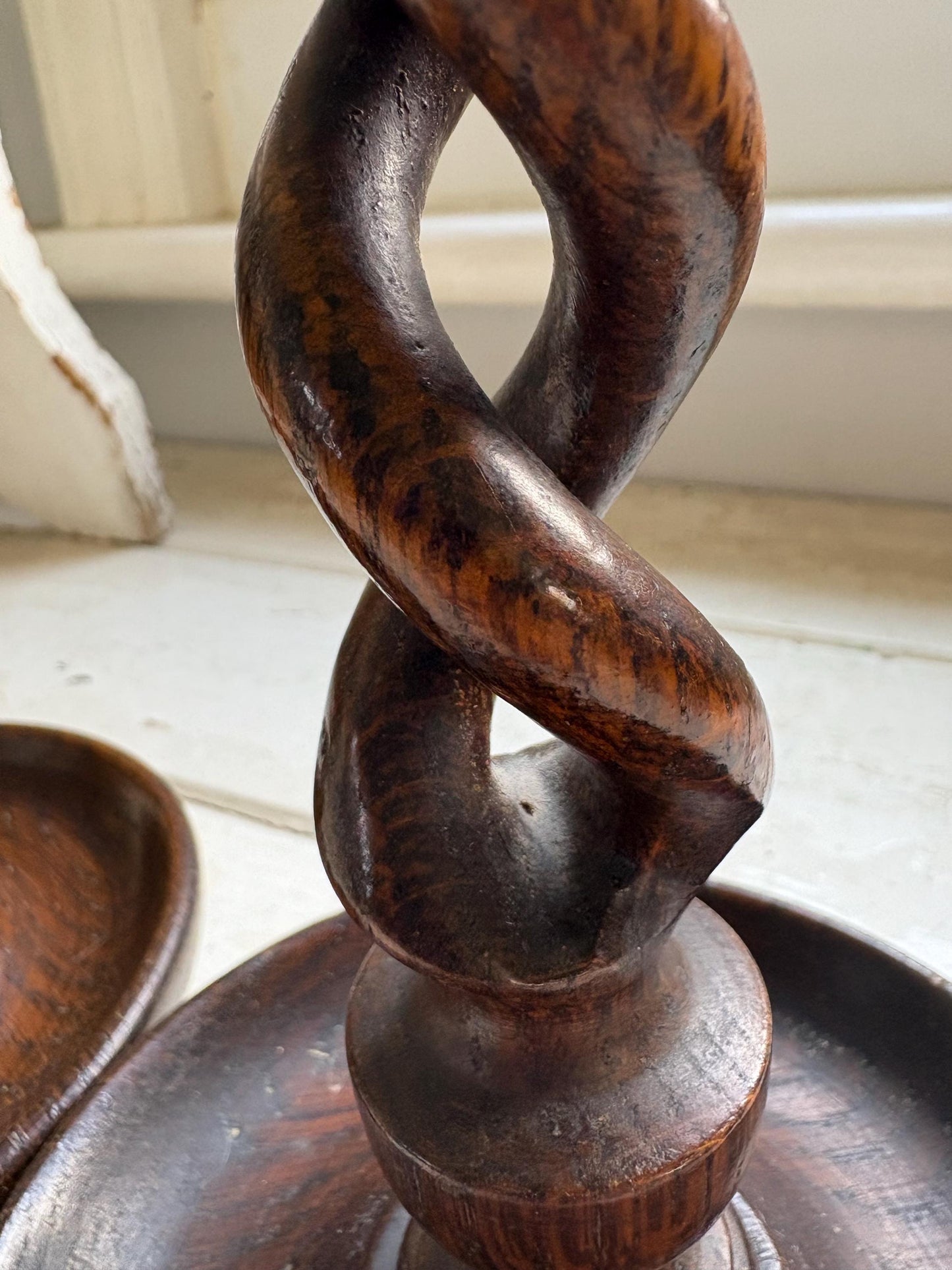 Antique Barley Twist Oak Candlesticks.