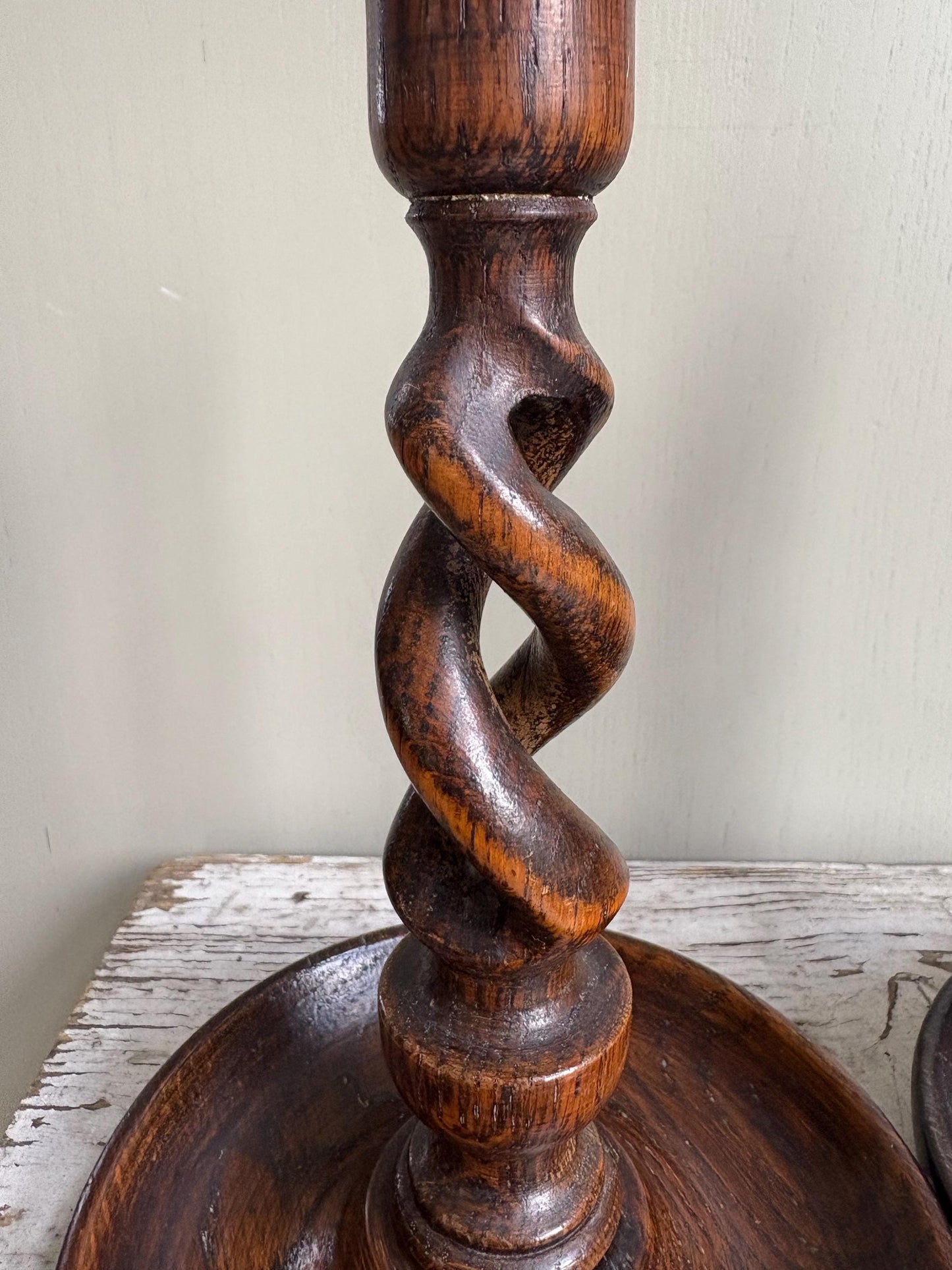Antique Barley Twist Oak Candlesticks.