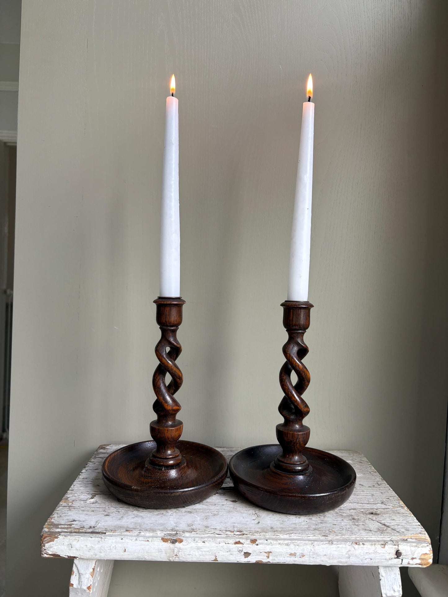 Antique Barley Twist Oak Candlesticks.