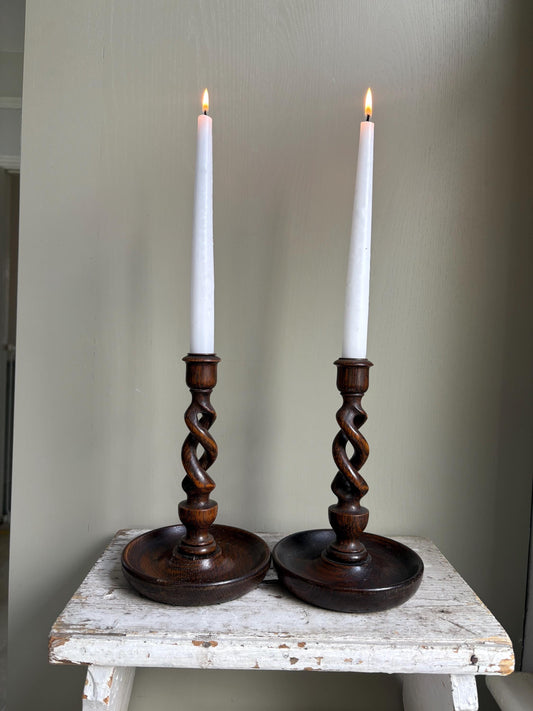Antique Barley Twist Oak Candlesticks.