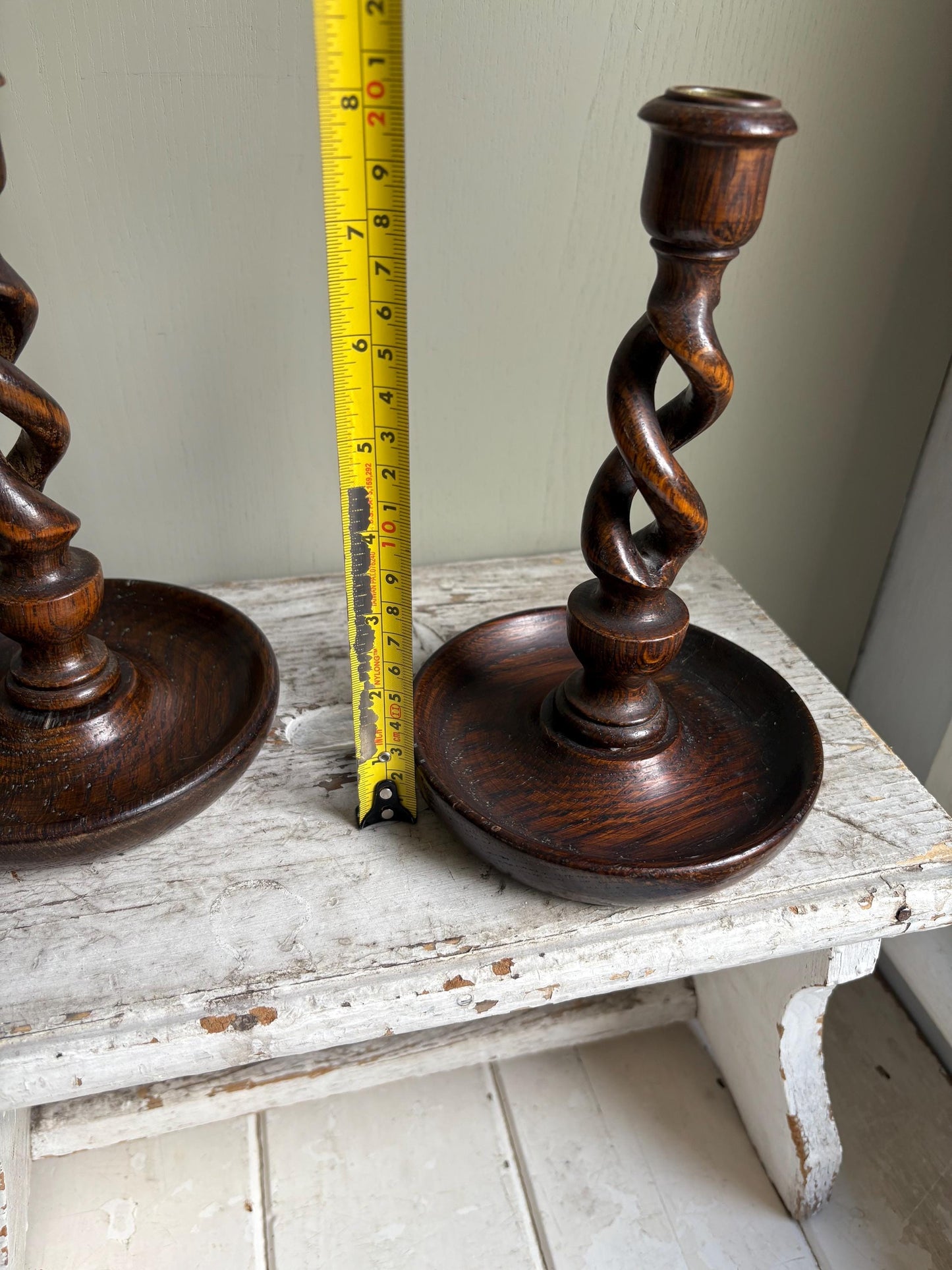 Antique Barley Twist Oak Candlesticks.