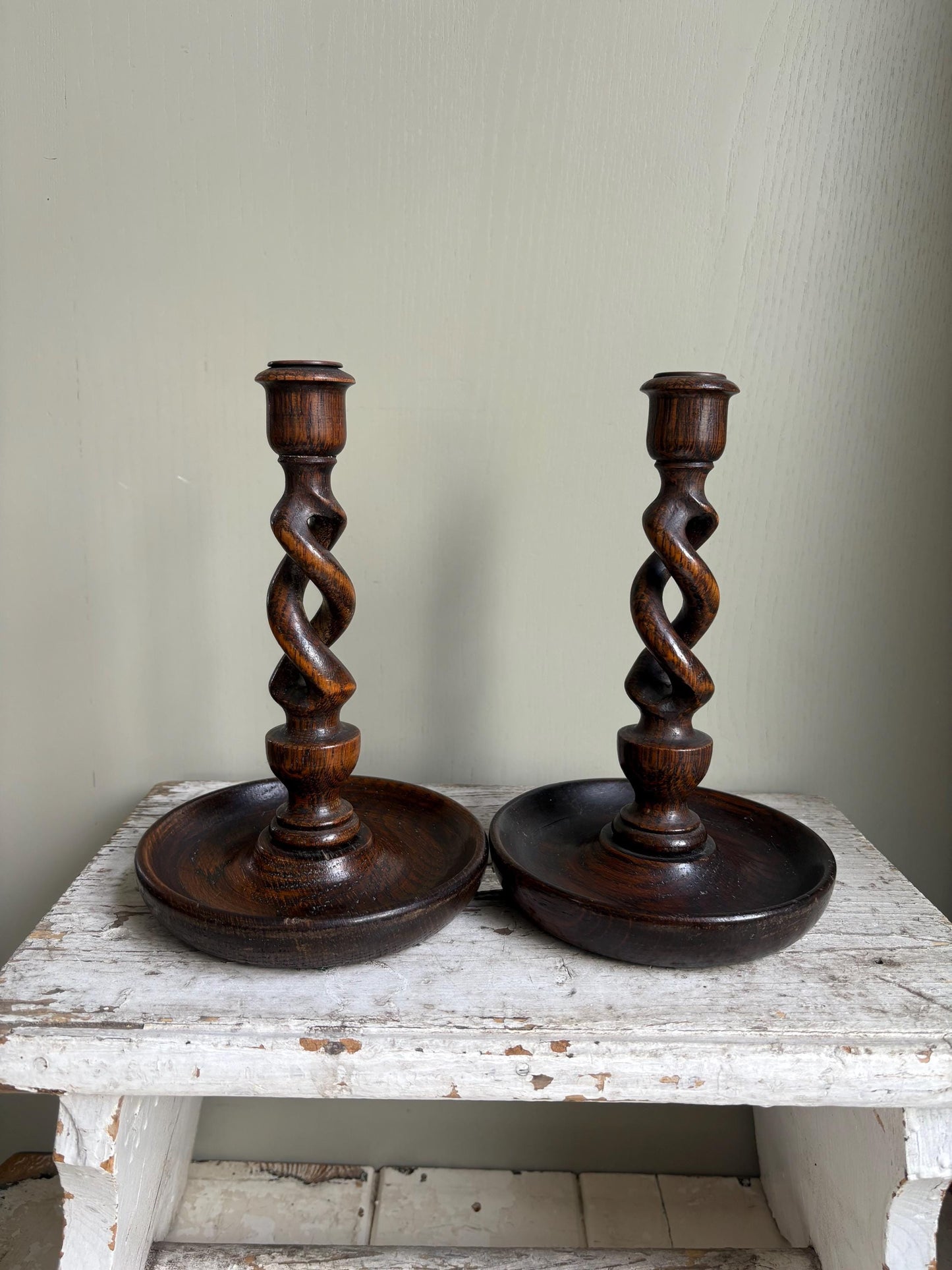 Antique Barley Twist Oak Candlesticks.